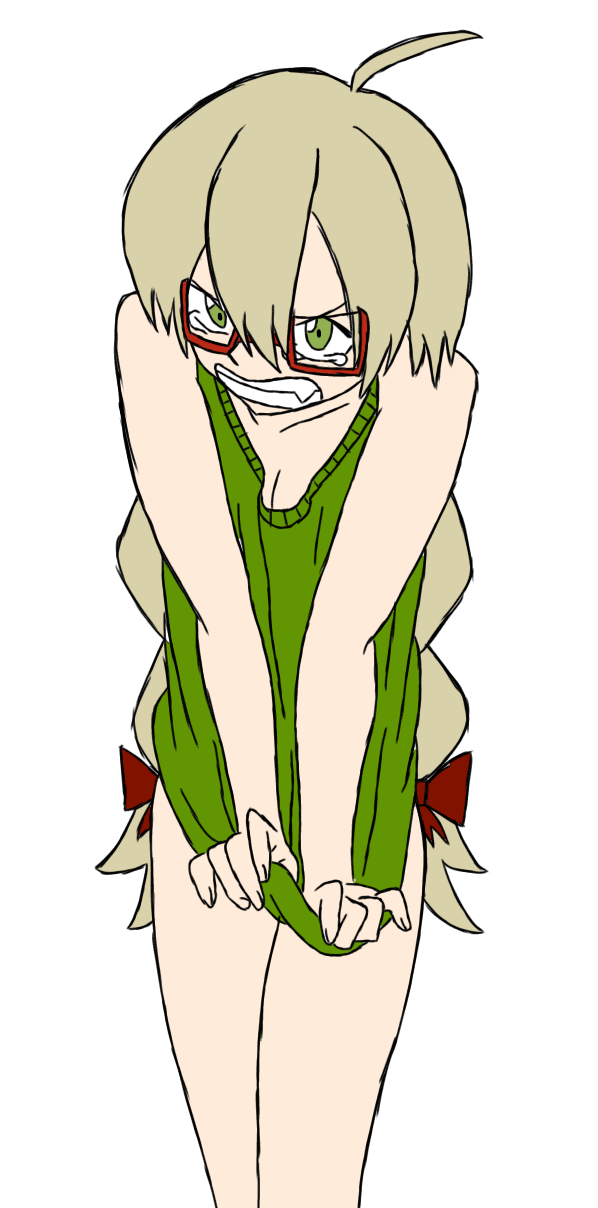 arms breasts carnival_rhythm crying cute ebihara_sachiko fluffy_hair funamusea green_eyes green_vest legs no_panties no_shirt no_skirt red_glasses red_ribbons shoulders shrimp thighs