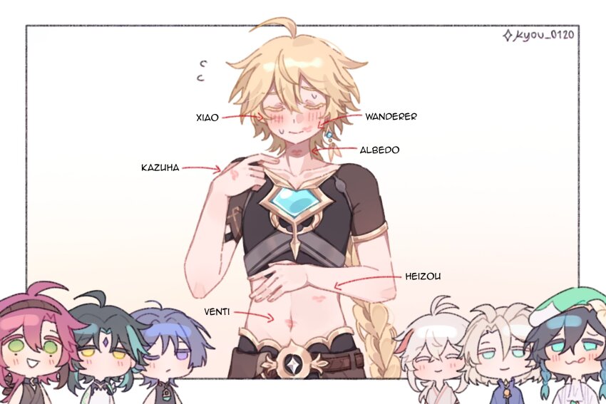 6+boys, aether (genshin impact), ahoge, albedo (genshin impact), androgynous, antenna hair, aqua eyes, aqua gem, aqua hair, arm tattoo, arrow (symbol), artist name, ascot, bare shoulders, belt, beret, black choker, black hair, black pants, black shirt, black tank top, blonde hair, blue eyes, blue shirt, blunt ends, blush, border, braid, brown belt, brown hairband, brown ribbon, brown shirt, character name, chinese clothes, choker, closed eyes, closed mouth, collarbone, collared shirt, commentary, cowboy shot, crossed bangs, earrings, english commentary, english text, eyeshadow, facial mark, femboy, femboys, fingernails, flower, flying sweatdrops, forehead mark, gem, genshin impact, gold necklace, gold trim, gradient hair, green eyes, green hat, grey hair, hair between eyes, hair ribbon, hairband, half-closed eyes, hat, hat flower, hat ornament, high collar, highres, japanese clothes, jewelry, kaedehara kazuha, kimono, licking lips, lipstick mark, lipstick mark on face, long hair, long sleeves, looking at another, low ponytail, low-braided long hair, low-tied long hair, makeup, male focus, mandarin collar, midriff, missing headwear, mole, mole under each eye, mole under eye, multicolored hair, multiple boys, multiple moles, navel, necklace, no mouth, one eye closed, orange gem, outside border, pants, pendant, polyamory, ponytail, purple eyes, purple hair, red eyeshadow, red hair, ribbon, scaramouche (genshin impact), shikanoin heizou, shirt, short hair, short sleeves, shoulder spikes, shy, sidelocks, simple background, single braid, single earring, sleeveless, sleeveless shirt, smile, solo focus, spikes, standing, star (symbol), streaked hair, sweat, tank top, tattoo, teeth, tongue, tongue out, twin braids, two-tone hair, venti (genshin impact), vision (genshin impact), wanderer (genshin impact), white ascot, white background, white border, white hair, white kimono, white shirt, xiao (genshin impact), yaoi, yellow eyes, yellow flower