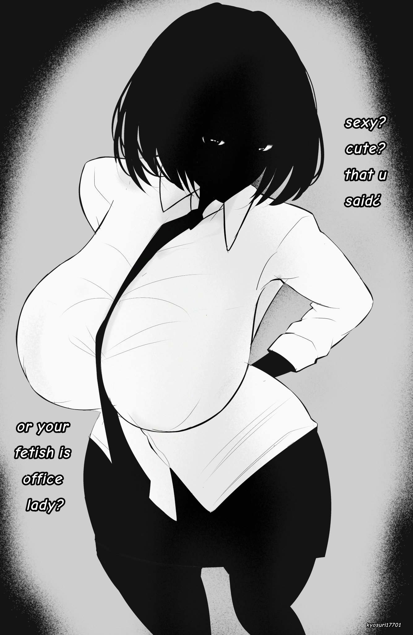 ?, 1female, 1girl, 1girls, 2026, 2d, 2d (artwork), 2d art, 2d artwork, arms, asking a question, asking viewer, big boobs, big breasts, black body, black bottomwear, black hair, black necktie, black pupils, black skin, black skirt, boobies, boobs, bottomwear, breasts, collared shirt, dialogue, digital, digital art, digital drawing, digital drawing (artwork), digital media, digital media (artwork), edelweiss17701, english, english dialogue, english text, entity, eyes, female, female focus, female only, female solo, giant boobies, giant boobs, giant breasts, girl, girl focus, girl only, girl solo, hair, head, hips, huge boobies, huge boobs, huge breasts, large boobies, large boobs, large breasts, legs, looking at viewer, nate hand gesture, neck, necktie, necktie between breasts, nipples bulge, non-human, nonhuman, pencil skirt, shirt, short hair, short skirt, shoulder length hair, skirt, solo, solo focus, solo only, standing, standing female, standing position, staring at viewer, talking to viewer, text, thighs, tie, tie between breasts, topwear, twitter link, twitter source, twitter username, unknown species, username, watermark, white collar, white collared shirt, white sclera, white shirt, white top, white topwear