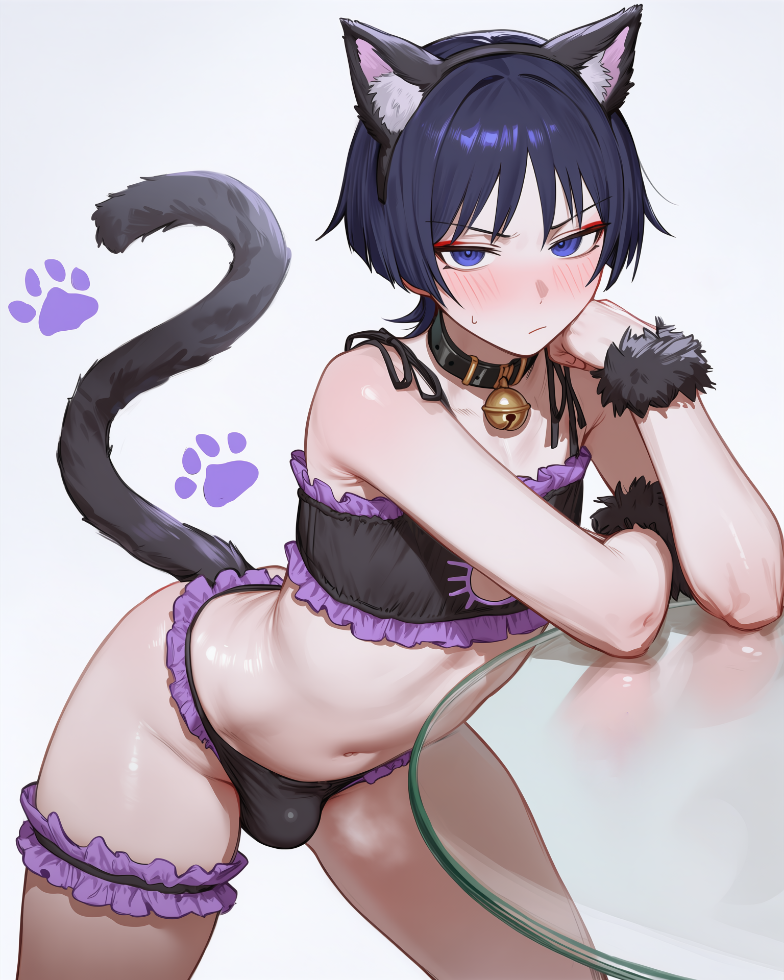 1boy, ai generated, bulge, cat lingerie, femboy, genshin impact, gomes, leaning forward, light-skinned male, male, male only, navel, scaramouche (genshin impact), self upload, solo, spread legs, stomach, thigh strap