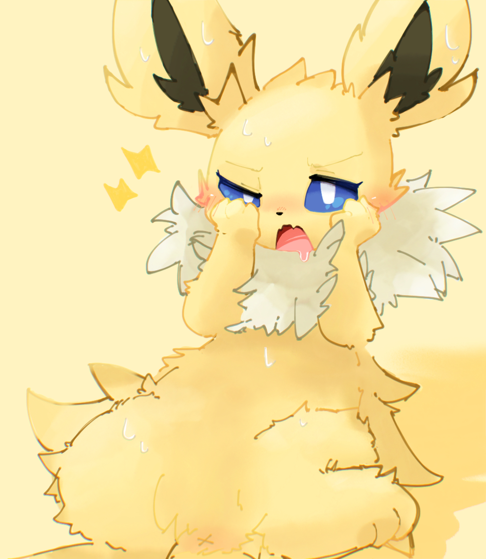 ambiguous_gender anus blue_eyes blush bodily_fluids colored drooling eeveelution embarrassed feral fluffy fur jolteon lighting_bolt long_ears lying netchy_boo nintendo on_back open_mouth paws pokémon_(species) pokemon pokemon_only saliva simple_background solo sweat video_games x_anus yellow_body yellow_fur