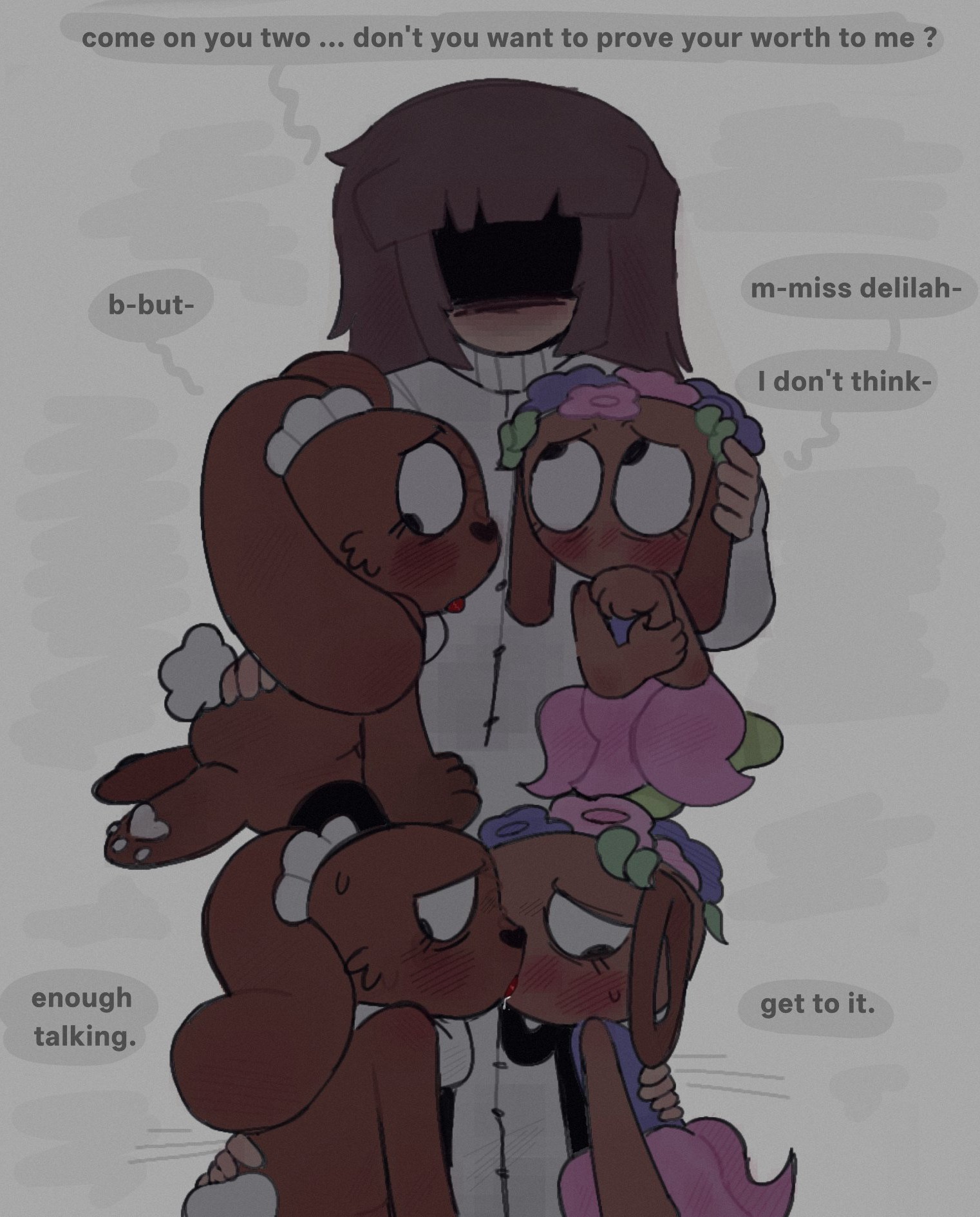 bassie (dandy's world), cloudyhehe, cocoa (dandy's world), dandy's world, delilah keen (dandy's world), forced partners, forced sex, forced yuri, kissing, making out, nervous, yuri