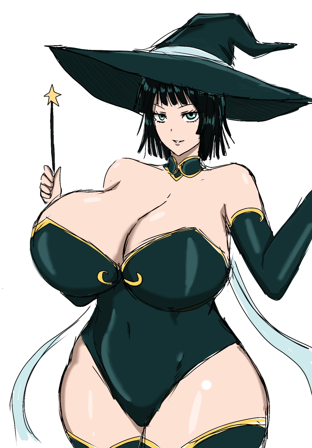 1girls, belly, belly button, big breasts, breasts, busty, clothed, clothing, costume, curvaceous, curvy, curvy body, curvy female, curvy figure, cute, dark green hair, dark hair, eye contact, female, front view, fubuki (one-punch man), green eyes, green hair, hips, huge breasts, large breasts, legs, legs together, light skin, light-skinned female, looking at viewer, medium hair, midriff, momiji (artist), one-punch man, plump, short hair, smile, smiling, smiling at viewer, smirk, thick, thick thighs, thighs, tight clothing, voluptuous, wide hips, witch, witch costume, witch hat