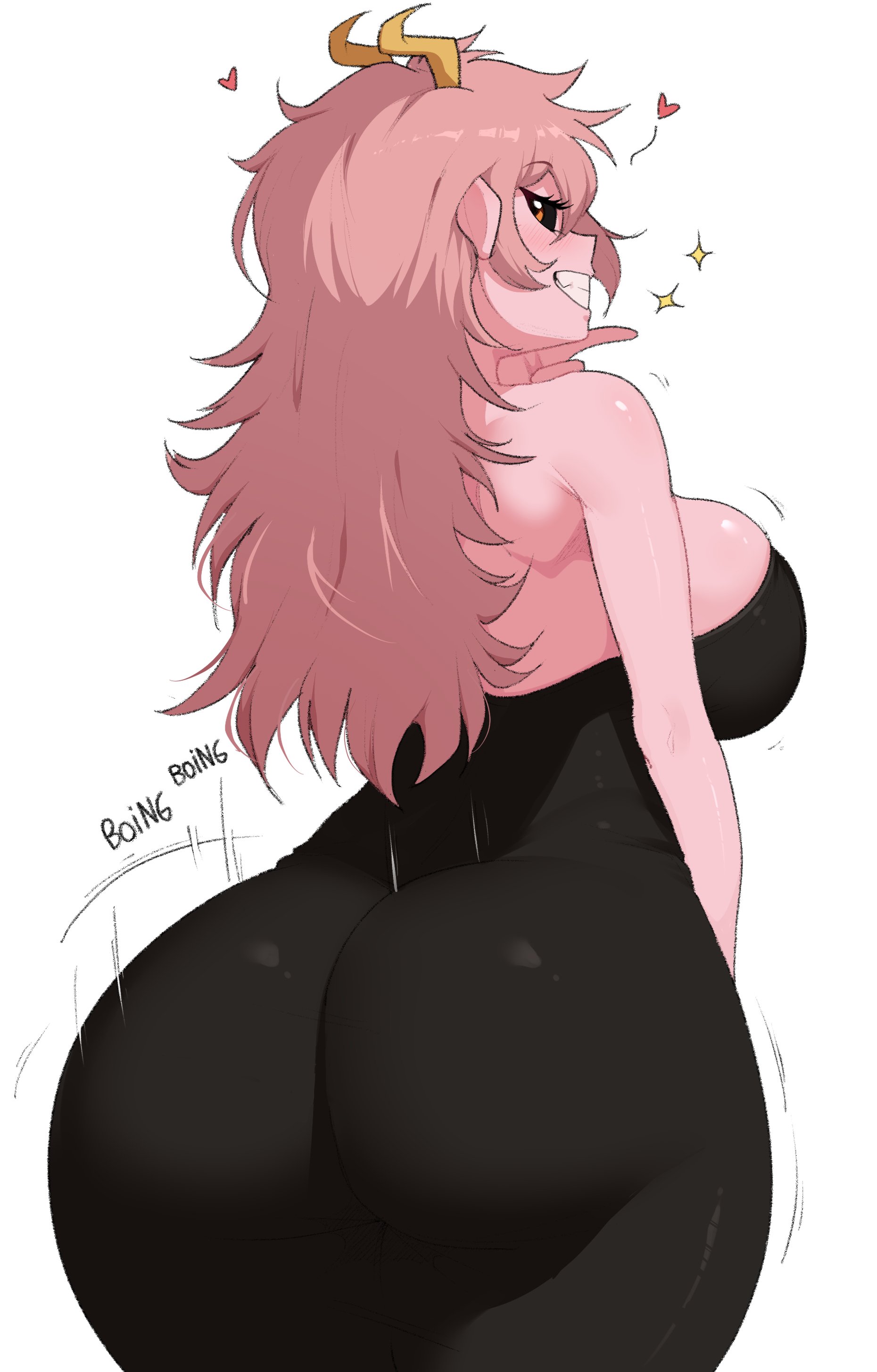 1girl, absurdres, ashido mina, ashido mina time-skip, ass, bare shoulders, black sclera, boku no hero academia, boku no hero academia: more, breasts, colored sclera, colored skin, curvy, highres, horns, huge ass, huge breasts, large breasts, long hair, looking at viewer, messy hair, mina ashido, mina ashido time-skip, my hero academia, open mouth, pink hair, pink skin, sharp teeth, short hair, sideboob, simple background, smile, teeth, thighs, tidal (tidaltides), white background, yellow eyes, yellow horns