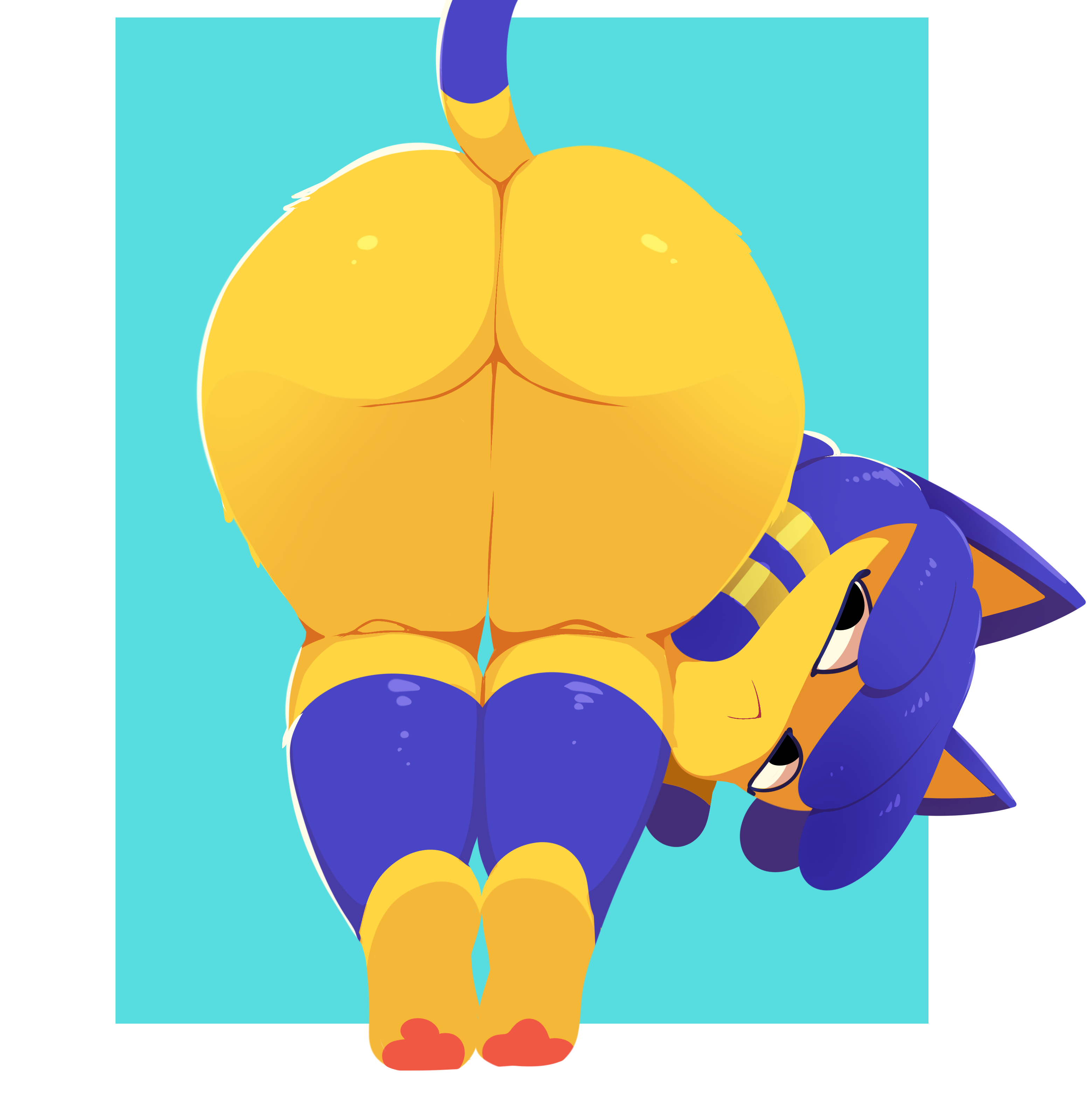 2026, absurd res, animal crossing, ankha, ankha (animal crossing), anthro, bent over, big butt, blue hair, butt, domestic cat, egyptian, felid, feline, felis, female, fur, hair, hi res, looking back, lurkin, mammal, nintendo, nude, pawpads, paws, praise da booty (meme), presenting, presenting hindquarters, rear view, simple background, solo, standing, thick thighs, yellow body, yellow fur