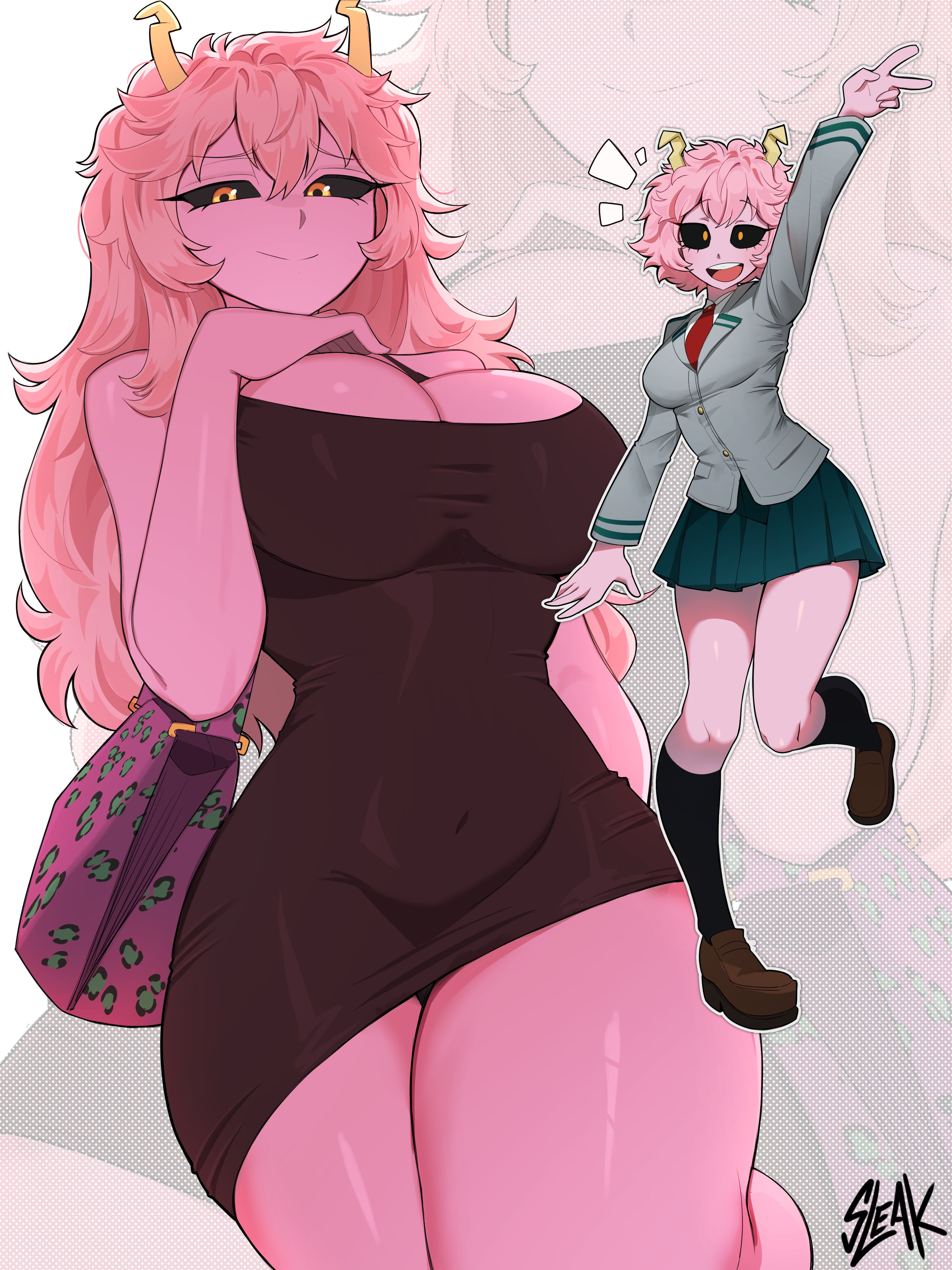 2girls, absurdres, age comparison, artist name, ashido mina, ashido mina time-skip, bag, black dress, black sclera, blazer, boku no hero academia, boku no hero academia: more, breasts, buttons, cleavage, closed mouth, collared shirt, colored sclera, colored skin, commentary, covered navel, dress, dual persona, english commentary, green skirt, grey jacket, hand on own chest, handbag, highres, horns, jacket, large breasts, loafers, long hair, long sleeves, looking at viewer, mina ashido, mina ashido time-skip, multiple girls, my hero academia, necktie, official alternate costume, official alternate hairstyle, open mouth, pink hair, pink skin, pleated skirt, red necktie, school uniform, shirt, shoes, short dress, short hair, skirt, sleak, smile, socks, standing, standing on one leg, teeth, thick thighs, thighs, u.a. school uniform, upper teeth only, v, white shirt, wide hips, yellow eyes, yellow horns, zoom layer
