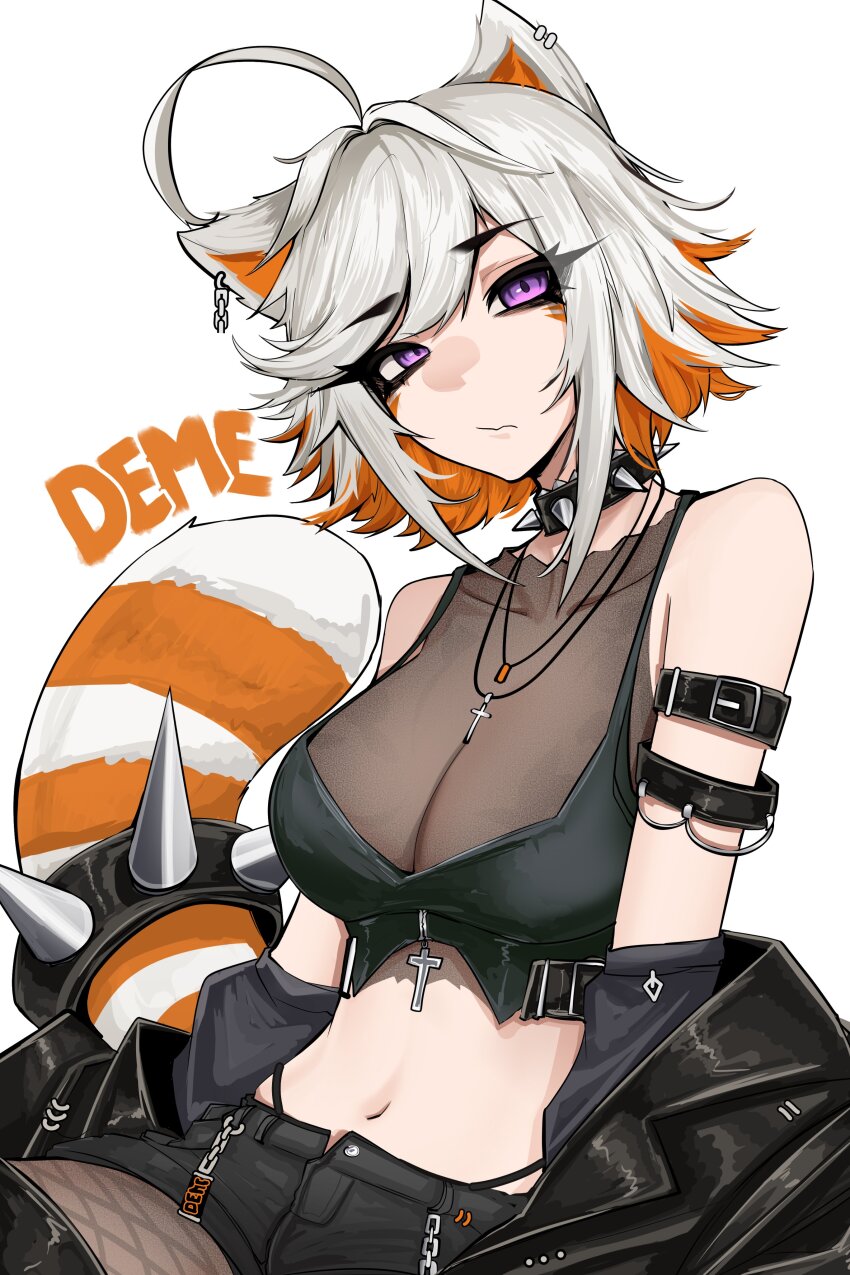 1girl, absurdres, ahoge, animal ears, arm belt, arm strap, bare shoulders, black jacket, breasts, character name, collar, colored inner animal ears, commentary, crop top, cross, cross necklace, demenishki, facial mark, fish, highres, indie virtual youtuber, jacket, jewelry, large breasts, large tail, leather, leather jacket, looking at viewer, midriff, mikuneki, multicolored hair, navel, necklace, off shoulder, off-shoulder jacket, orange hair, purple eyes, red panda ears, red panda girl, red panda tail, see-through cleavage, see-through clothes, short hair, shorts, sidelocks, simple background, solo, spiked collar, spikes, tail, virtual youtuber, whisker markings, white background, white hair