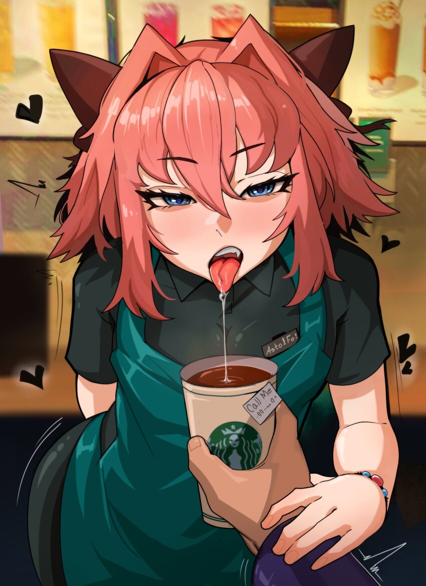 1femboy, 2boys, absurdres, astolfo (fate), black pants, black shirt, blue eyes, commentary, cup, curvy, disposable coffee cup, disposable cup, drooling, english commentary, english text, fate (series), fate/apocrypha, femboy, hair intakes, highres, holding another's wrist, male focus, mouth drool, multiple boys, name tag, pants, pink hair, pov, shirt, solo focus, starbucks, starbucks siren, trap