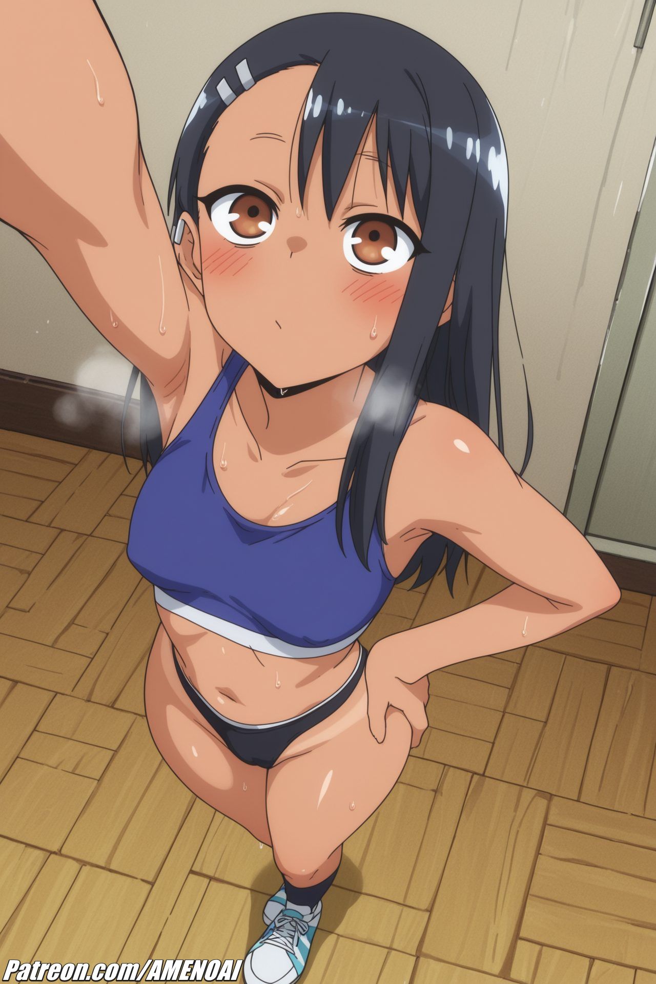 ai, ai art, ai generated, ai-created, amenoai, black hair, bloomers, blush, breath, brown eyes, cameltoe, female, females, hayase nagatoro, long hair, nagatoro hayase, panties, patreon, patreon url, patreon username, please don't bully me, nagatoro, shoes, sitting, slim, slim waist, small breasts, smaller female, smile, smiling, solo, sports bra, sportswear, steam, sweater, tan, tan body, tan skin, tanline, tanned, tanned skin
