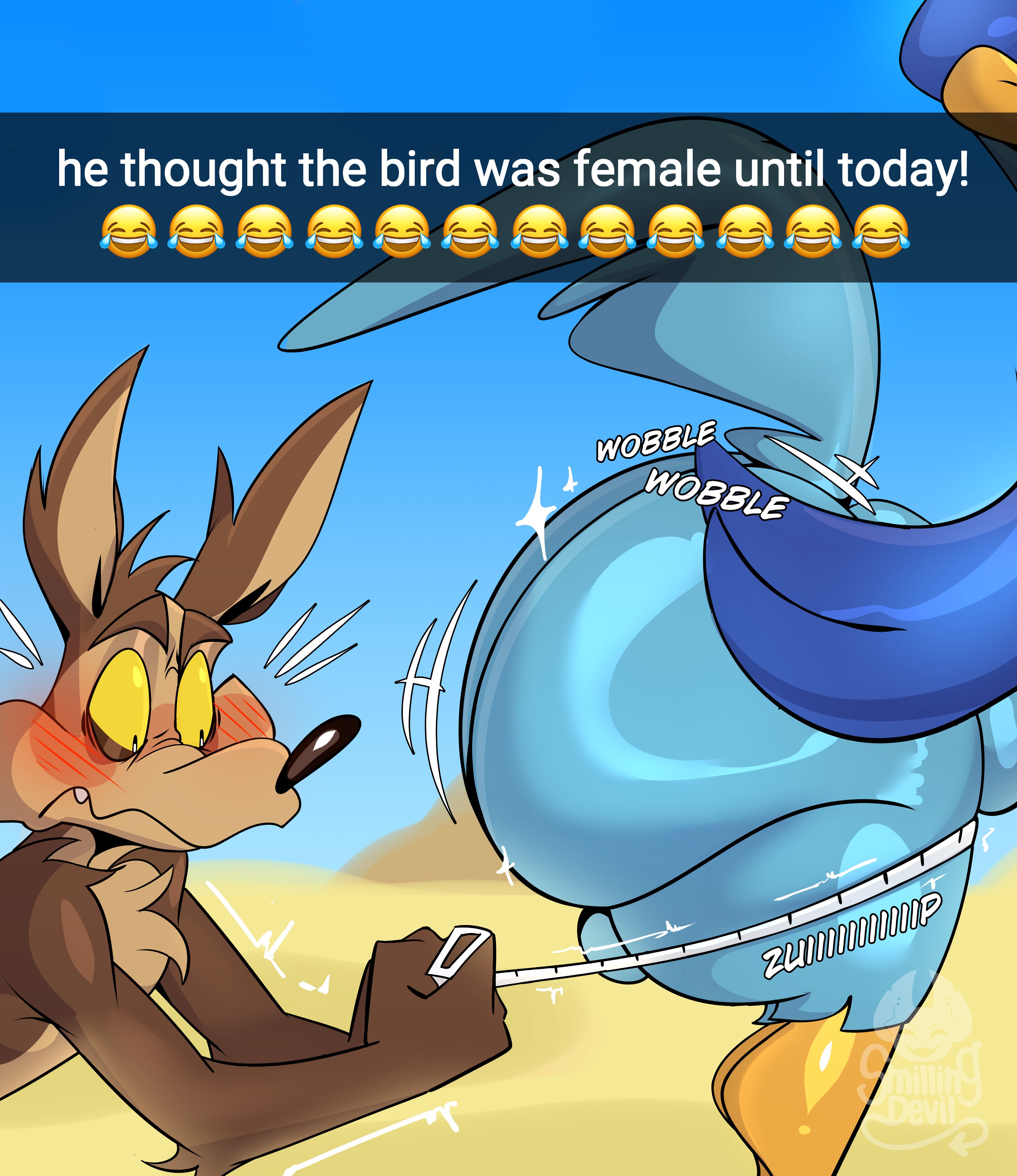 2026, absurd res, anthro, anthro on anthro, avian, backsack, balls, big butt, biped, bird, blue body, blue feathers, blue tail, blush, bottom heavy, bouncing butt, brown body, brown ears, brown fur, bubble butt, butt, canid, canine, canis, coyote, cuculiform, curvy figure, cute fangs, duo, english text, fangs, feathers, fur, gender confusion, genitals, glistening, glistening butt, he tryna ignore it, he tryna ignore it (meme), hi res, huge butt, looking at butt, looney tunes, male, male anthro, male/male, mammal, meme, mr smilingdevil, new world ground cuckoo, nude anthro, nude male, road runner (looney tunes), roadrunner, standing, tail, teeth, text, thick thighs, warner brothers, wide hips, wile e. coyote, yellow sclera