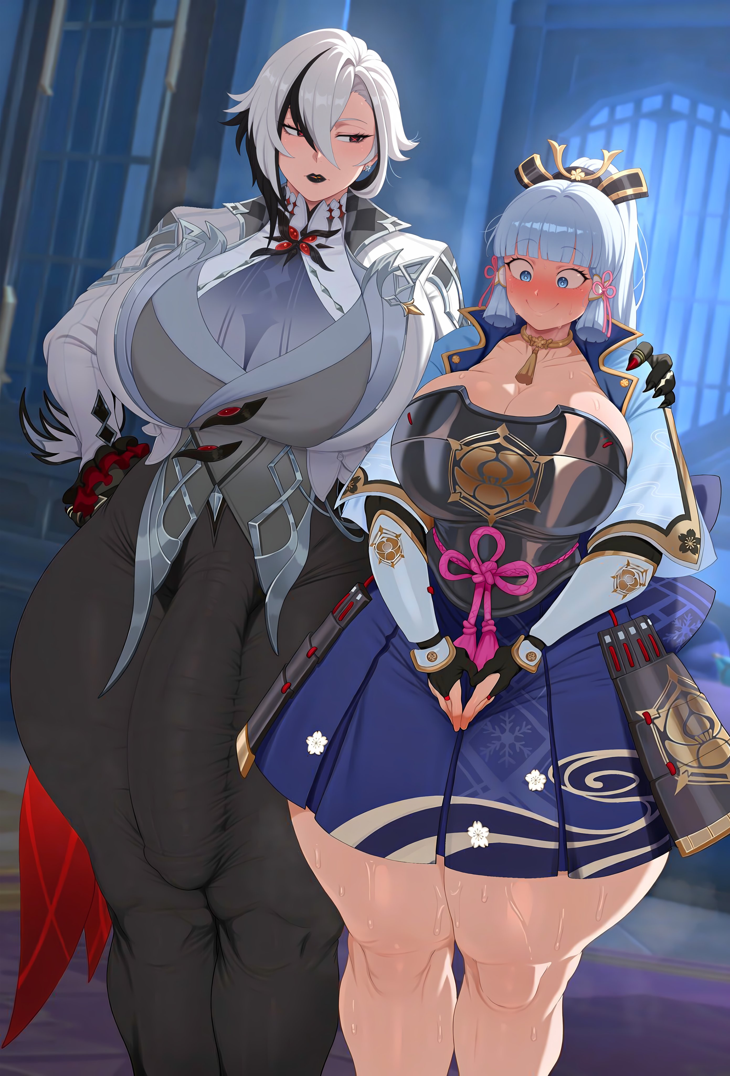 1futa, 2026, ai generated, arlecchino (genshin impact), big breasts, big penis, black and white hair, blue eyes, blushing, bulge, bulge down leg, bulge through clothing, child bearing hips, cleavage, earrings, el memc, futa on female, futanari, genshin impact, grey hair, hair ornament, horny, horny female, horny futa, huge breasts, huge cock, hung futa, imminent rape, imminent sex, kamisato ayaka, looking at another's penis, looking at partner, looking at penis, looking pleasured, memch0, milf, mommy, musk, musk clouds, red eyes, sweat, sweatdrop, sweating, sweaty, thick thighs, thunder thighs, tight clothing