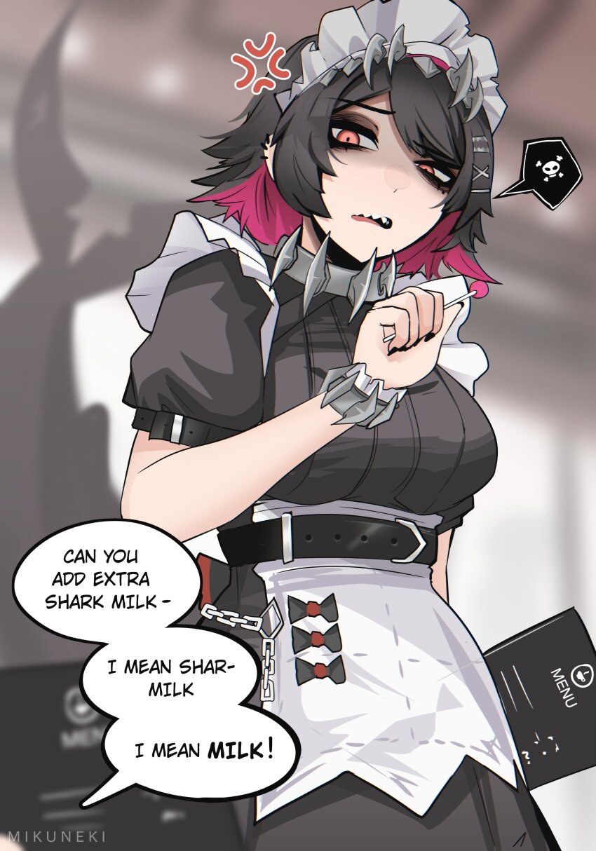 1girl, absurdres, anger vein, angry, angry face, apron, artist name, belt, black belt, black dress, black eyeshadow, black hair, black nails, black shirt, blurry, blurry background, breasts, chain, colored inner hair, colored nails, disgusted, dress, ellen joe, english text, eyeshadow, fins, fish tail, hair ornament, highres, holding, holding menu, long nails, maid headdress, makeup, menu, mikuneki, multicolored hair, painted nails, pink hair, questionable, shark girl, shark tail, sharp teeth, shirt, short hair, solo, speech bubble, spoken skull, tail, teeth, white apron, zenless zone zero