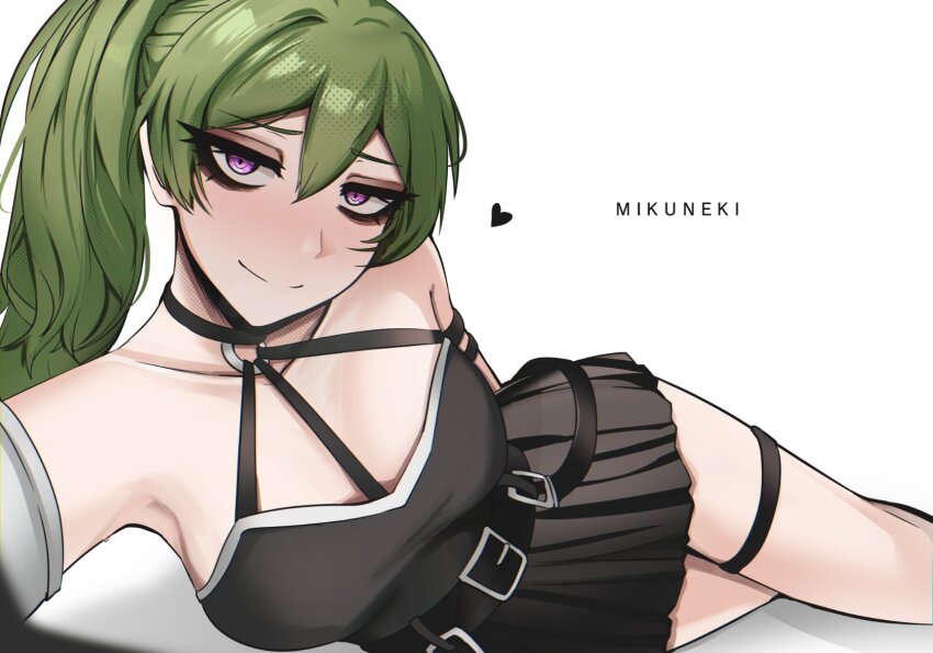 1girl, armpits, artist name, bare shoulders, belt, black belt, black dress, black eyeshadow, breasts, closed mouth, collarbone, dress, eyelashes, eyeshadow, green hair, hair between eyes, heart, highres, long hair, lying, makeup, mikuneki, o-ring, on side, pleated dress, ponytail, purple eyes, solo, sousou no frieren, thigh strap, ubel (sousou no frieren)