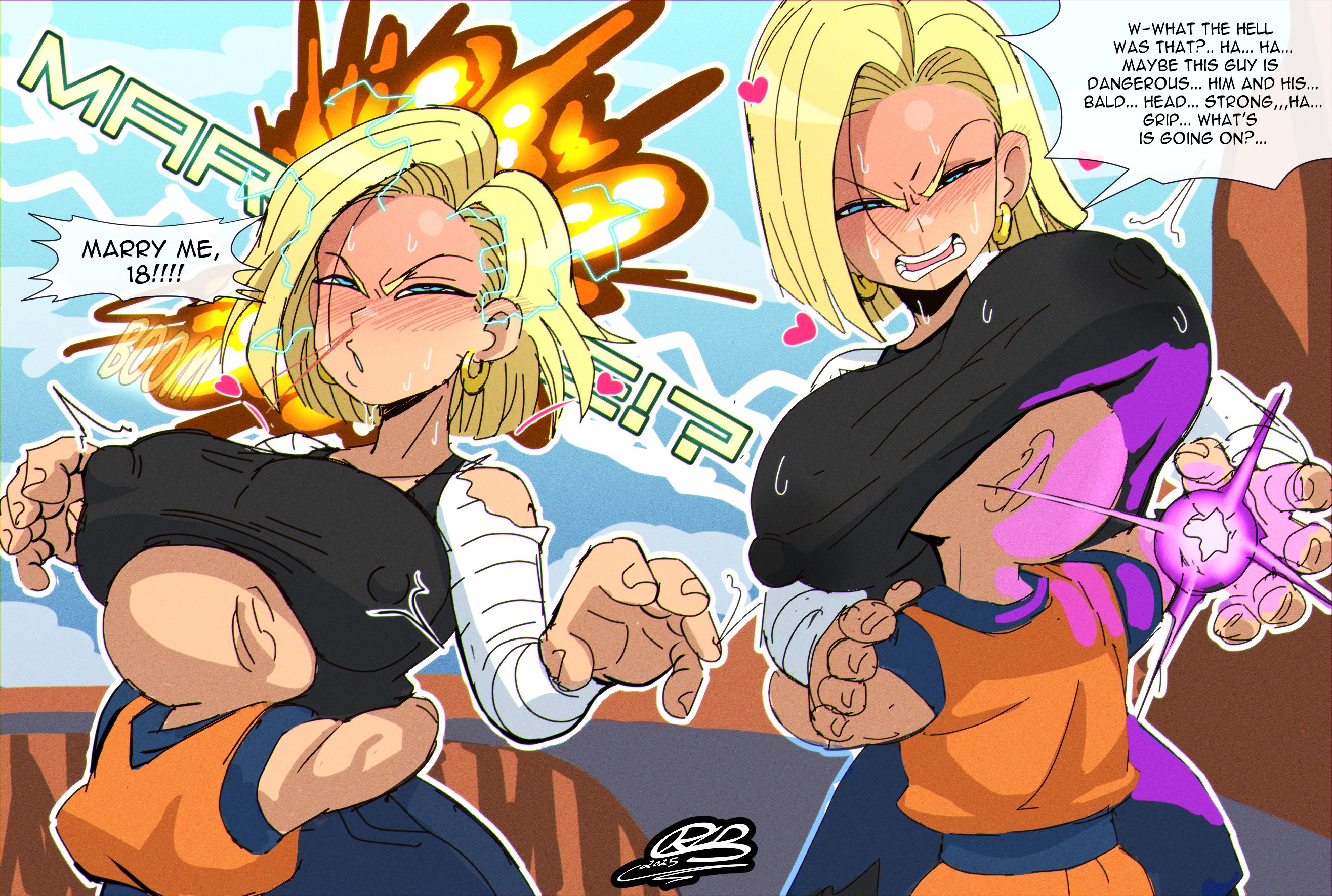 1boy, 1girls, android, android 18, android girl, bald male, bare shoulders, big breasts, blonde hair, blue eyes, blue sky, blush, blushing, breast smother, breast smothering, breasts, cliff, clothed female, clothed male, comedy, confused look, dragon ball, dragon ball z, earrings, embarrassed, energy ball, english text, erect nipples, explosion, face in breasts, female, fingernails, hard nipples, head under breasts, hearts, hearts around head, hug, hugging, hugging from front, in love, jeans, karate gi, ki blast, krillin, kuririn, lazuli (dragon ball), light skin, light-skinned female, light-skinned male, long sleeve shirt, long sleeves, male, marriage proposal, mountain, nipple erection, nipples, nipples getting erect, nipples visible through clothing, nosebleed, outdoors, pierced ears, roadside, short hair, shorter male, size difference, sleeveless shirt, smalldom, smothering, sweat, sweatdrops, sweating, talking, taller female, tank top, tight hug, trying to resist, under shirt, underboob, undershirt, vertacularrld