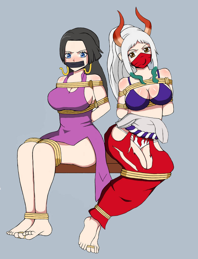 angry big_breasts black_hair blue_eyes blush boa_hancock bondage brown_eyes cloth_gag dress earrings feet female female_only gag gradient_hair horns one_piece rope_bondage tape_gag tied_toes velavia12 white_hair yamato_(one_piece)