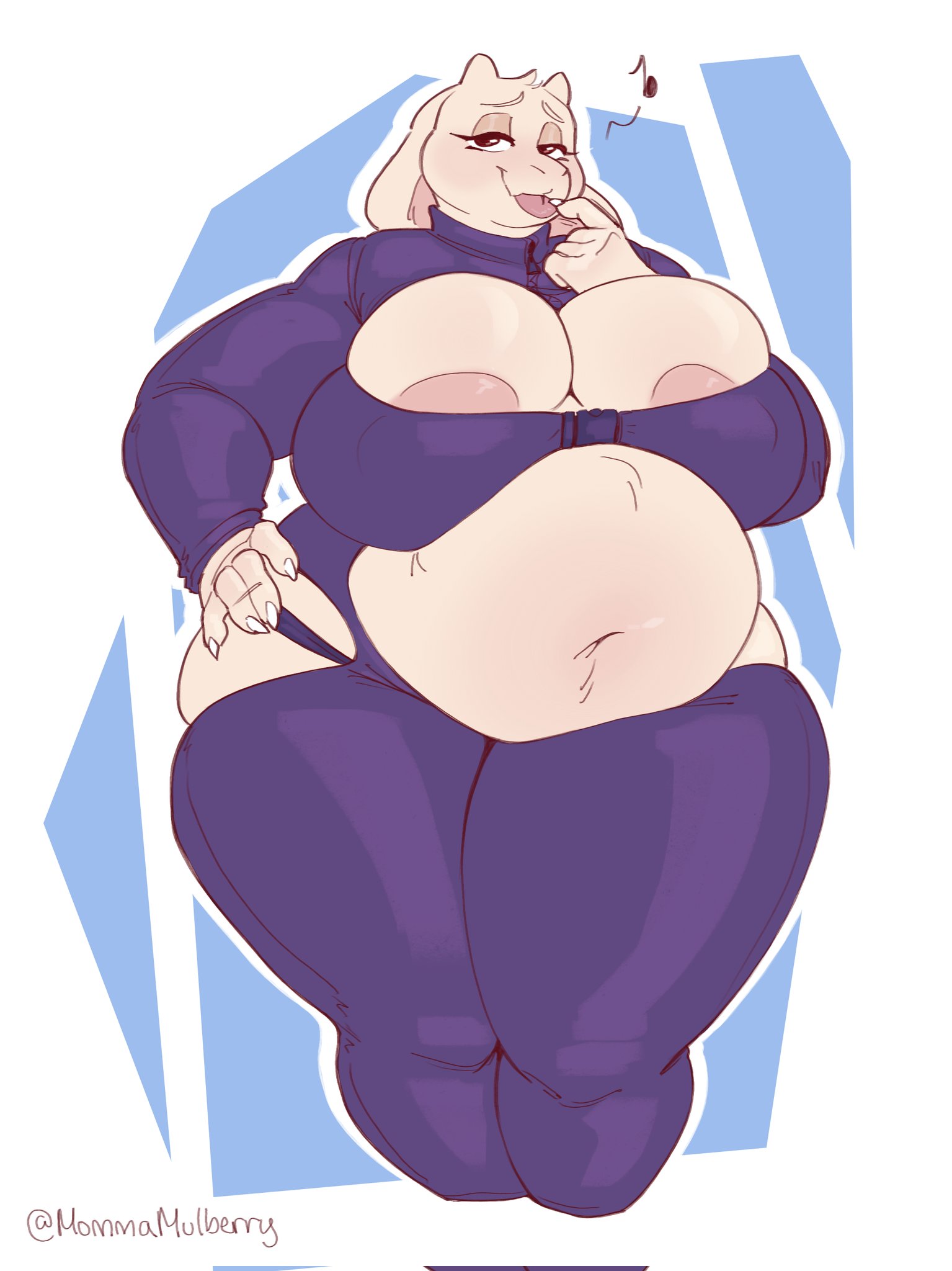 anthro, areola, areola outline, areola slip, belly, belly overhang, big belly, big breasts, boss monster (undertale), breasts, buckle, claws, cleavage cutout, clothed, clothing, cutout, digital media (artwork), eyebrows, eyelashes, female, finger to mouth, front view, half-closed eyes, hand on hip, hi res, hip cutout, huge breasts, looking at viewer, mulberrytarthorse, musical note, musical symbol, narrowed eyes, navel, obese, obese anthro, obese female, overweight, overweight anthro, overweight female, panties, pink areola, portrait, skimpy, solo, standing, symbol, thick thighs, three-quarter portrait, tongue, tongue out, toriel, undertale, undertale (series), underwear, weight gain, wide hips, zipper