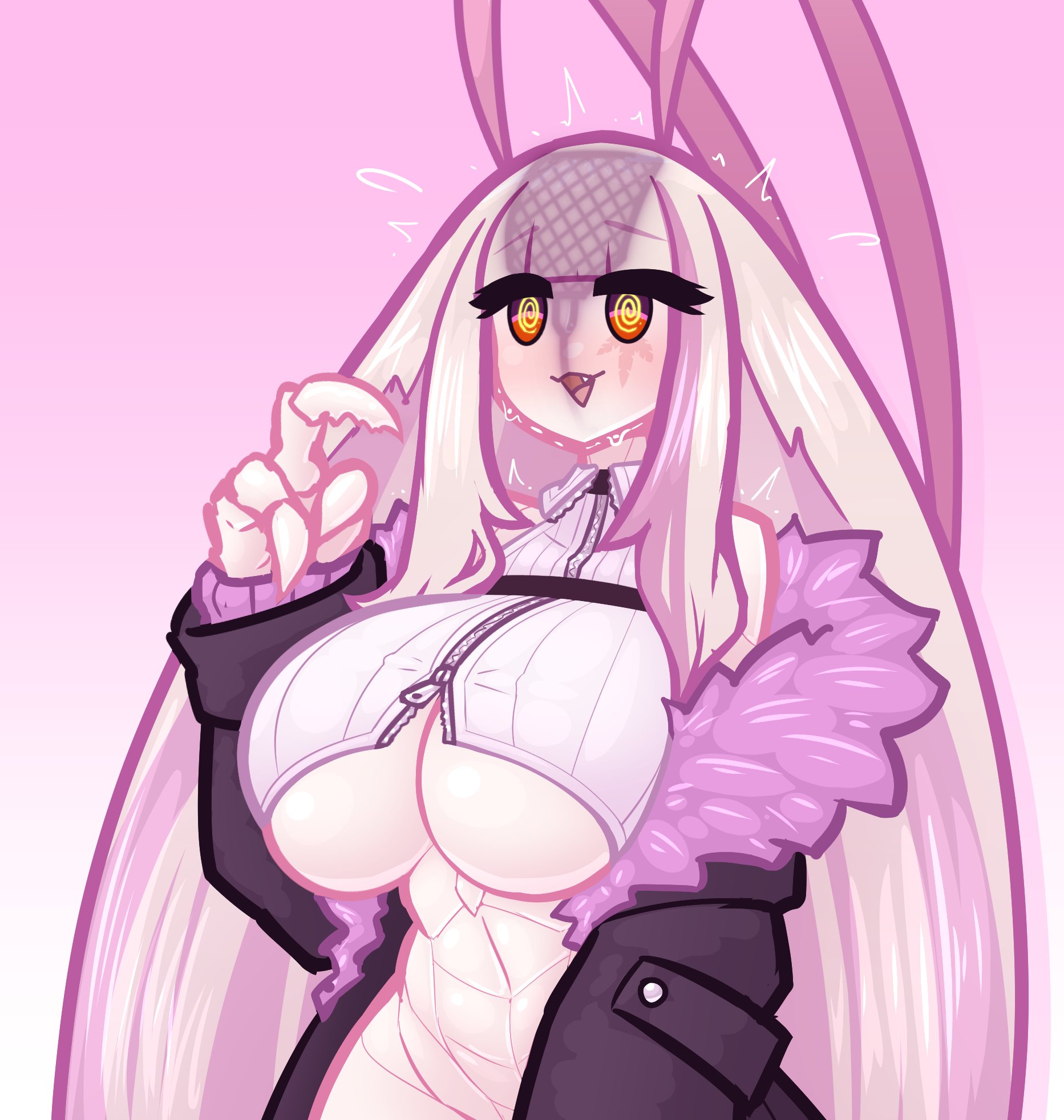 1girl, 1girls, antennae, arthropod girl, arthropod limbs, big breasts, black jacket, breasts, claws, cockroach girl, crop top, facial mark, female, flyswatter, fur trim, fur-trimmed jacket, highres, huge breasts, indie virtual youtuber, jacket, limebreaker, long hair, matara kan, milf, monster girl, open mouth, pink hair, purple fur, red eyes, shadow, solo, tits, underboob, very long hair, virtual youtuber, zipper