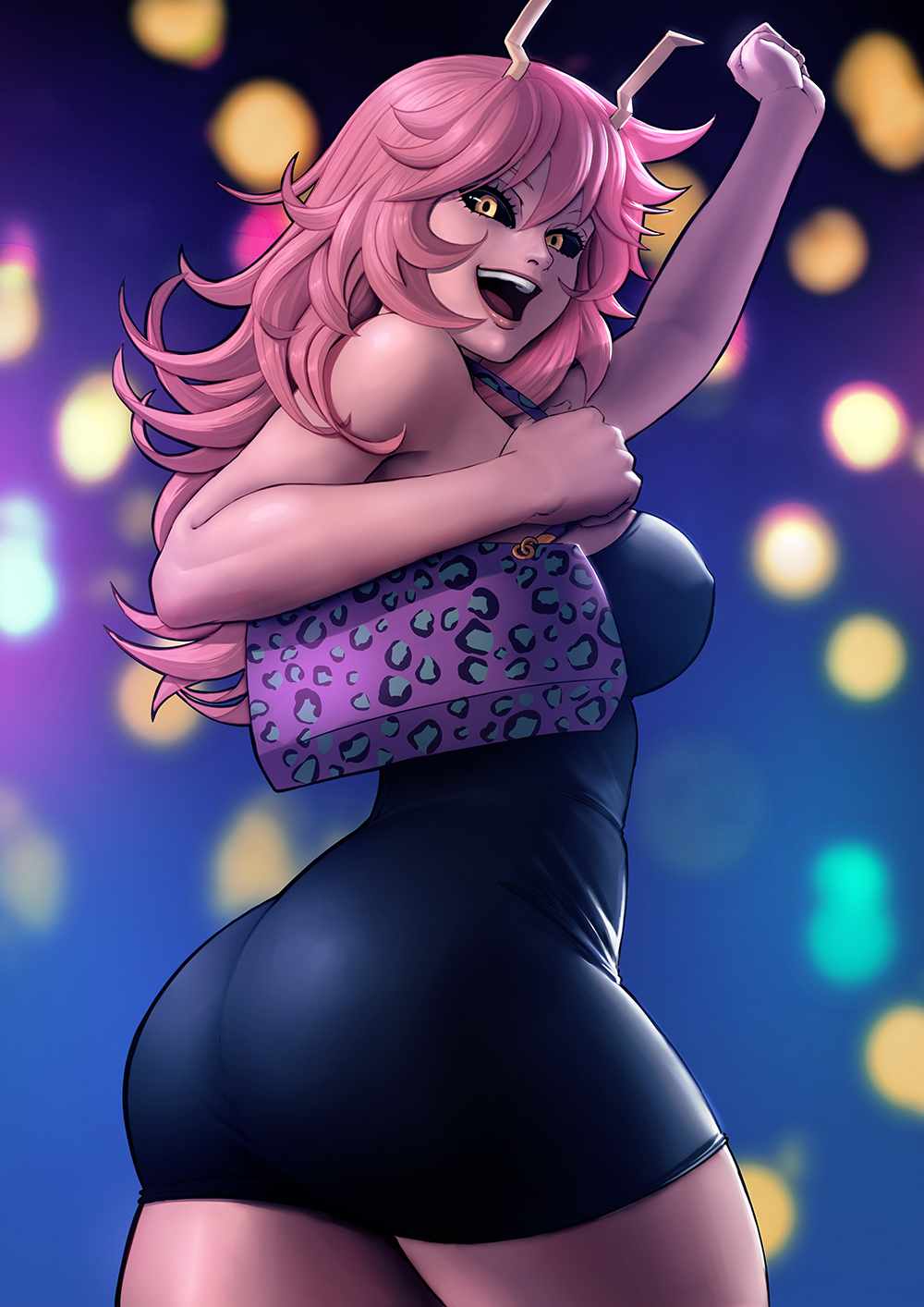 :d, 1girl, 1girls, arm up, ashido mina, ashido mina time-skip, ass, bag, bare shoulders, black dress, black sclera, blurry, blurry background, boku no hero academia, boku no hero academia: more, breasts, colored sclera, colored skin, commentary, covered nipples, dress, english commentary, fist pump, from side, hair between eyes, handbag, highres, horns, large breasts, long hair, looking at viewer, looking back, mina ashido, mina ashido time-skip, my hero academia, open mouth, pink hair, pink lips, pink skin, pink-haired female, purple bag, short dress, smile, solo, tight clothes, tight dress, walking, yellow eyes, yellow horns, zetman92