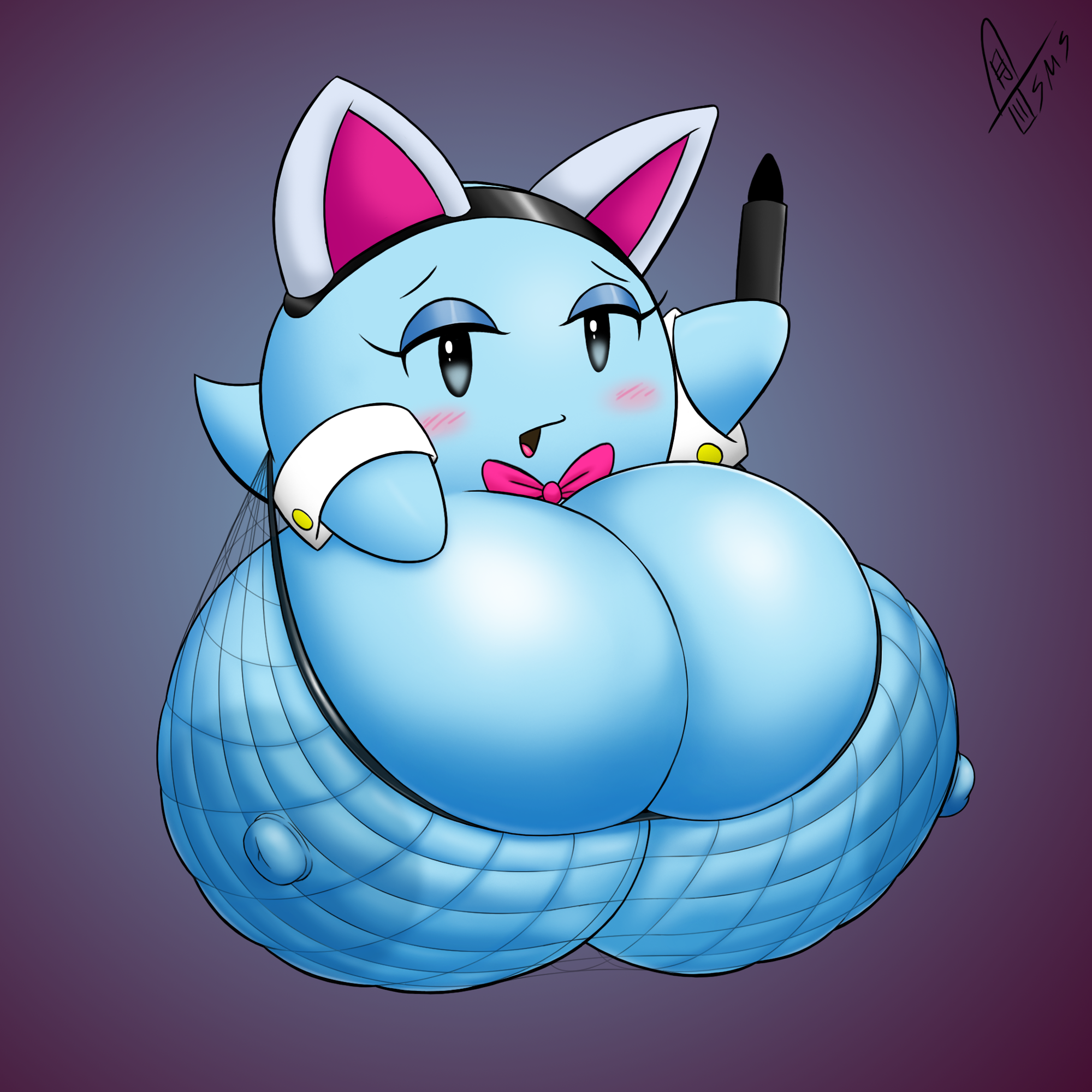 2022, areola, ball with boobs, ball with hyper features, barely contained, big breasts, blue body, blush, boo (mario), bowtie, breasts, breasts bigger than body, breasts bigger than head, bursting breasts, cat ears, cleavage, excessive size, eyelashes, eyeshadow, fake animal ears, fake ears, female, female focus, female only, fishnet, fishnet bra, fishnet top, fishnet topwear, fishnets, ghost, ghost girl, huge breasts, hyper breasts, lahla, large breasts, looking at viewer, mario (series), nintendo, nipples, paper mario, paper mario: the thousand-year door, peeka, solo, solo female, spirit, supermoonshroom, video games, waddling head, watermark