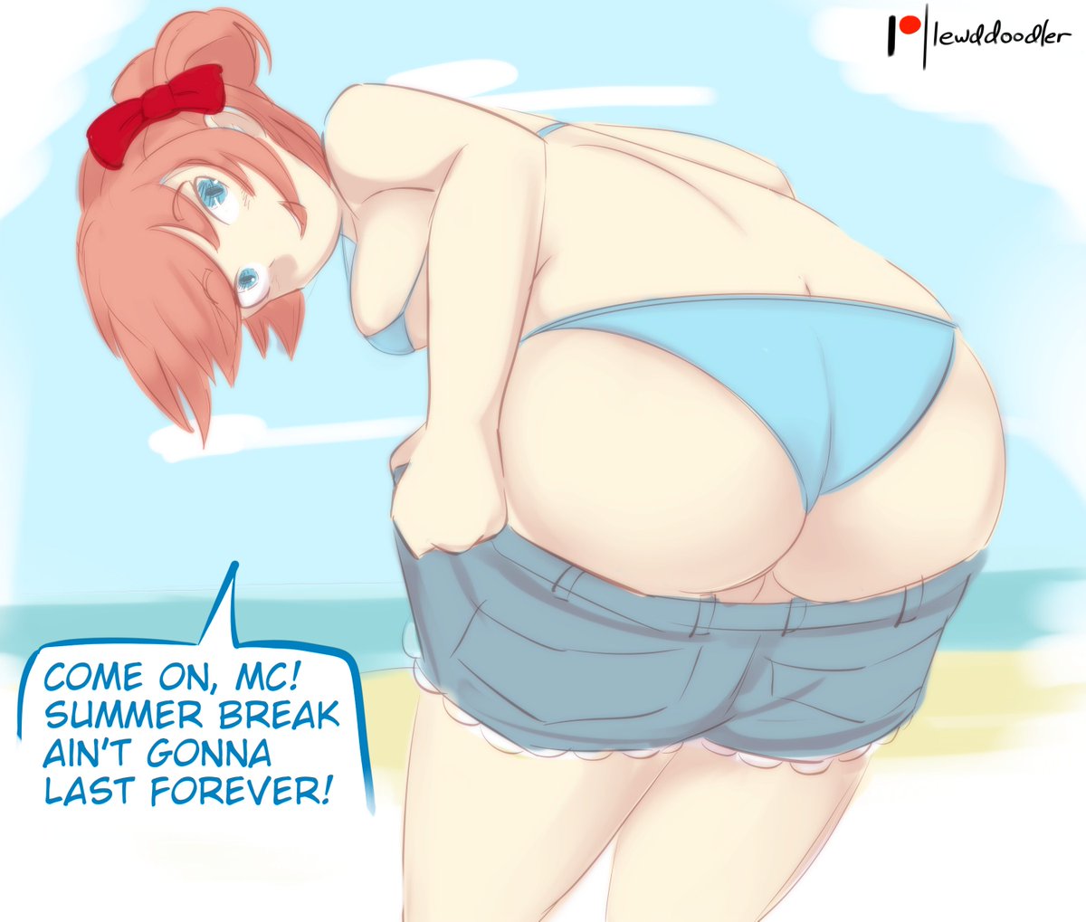 1girls ass ass_cleavage beach bent_over big_ass bikini blue_eyes breasts butt_crack clothing cloud daisy_dukes daisy_dukes_bikinis_on_top dialogue doki_doki_literature_club female female_only hair_ribbon just_sayori lewddoodler looking_at_viewer looking_back ocean open_mouth pink_hair sayori_(doki_doki_literature_club) short_hair shorts shorts_pull sideboob sky smile solo summer swimsuit thick_thighs undressing water