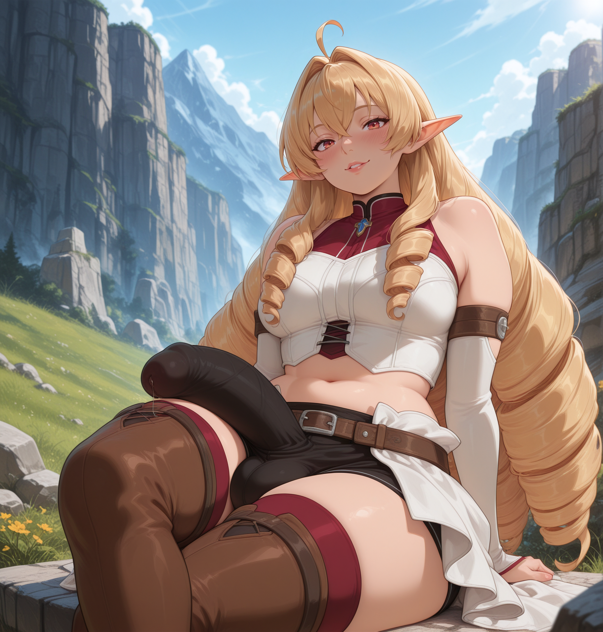 2026, ai art, ai generated, balls, ballsack, belt, blonde hair, bulge, bulge through clothing, bulge under clothes, civitai, cock, cock bulge, crossed legs, denim, denim bottomwear, denim clothing, denim shorts, dickgirl, dickgirl focus, drill hair, elf, elf ears, elf futa, elinalise dragonroad, futa focus, futanari, hi res, high quality, high resolution, highres, huge bulge, huge cock, huge penis, massive bulge, midriff, mushoku tensei, mushoku tensei: isekai ittara honki dasu, navel, parted lips, patreon, penis, penis bulge, self upload, sexy, sexy body, sexy clothing, sexy pose, short shorts, shorts, sitting, sitting down, smirk, smirking, smirking at viewer, smirking face, stable diffusion, twintails, twitter, uncensored, upscaled, yuckle