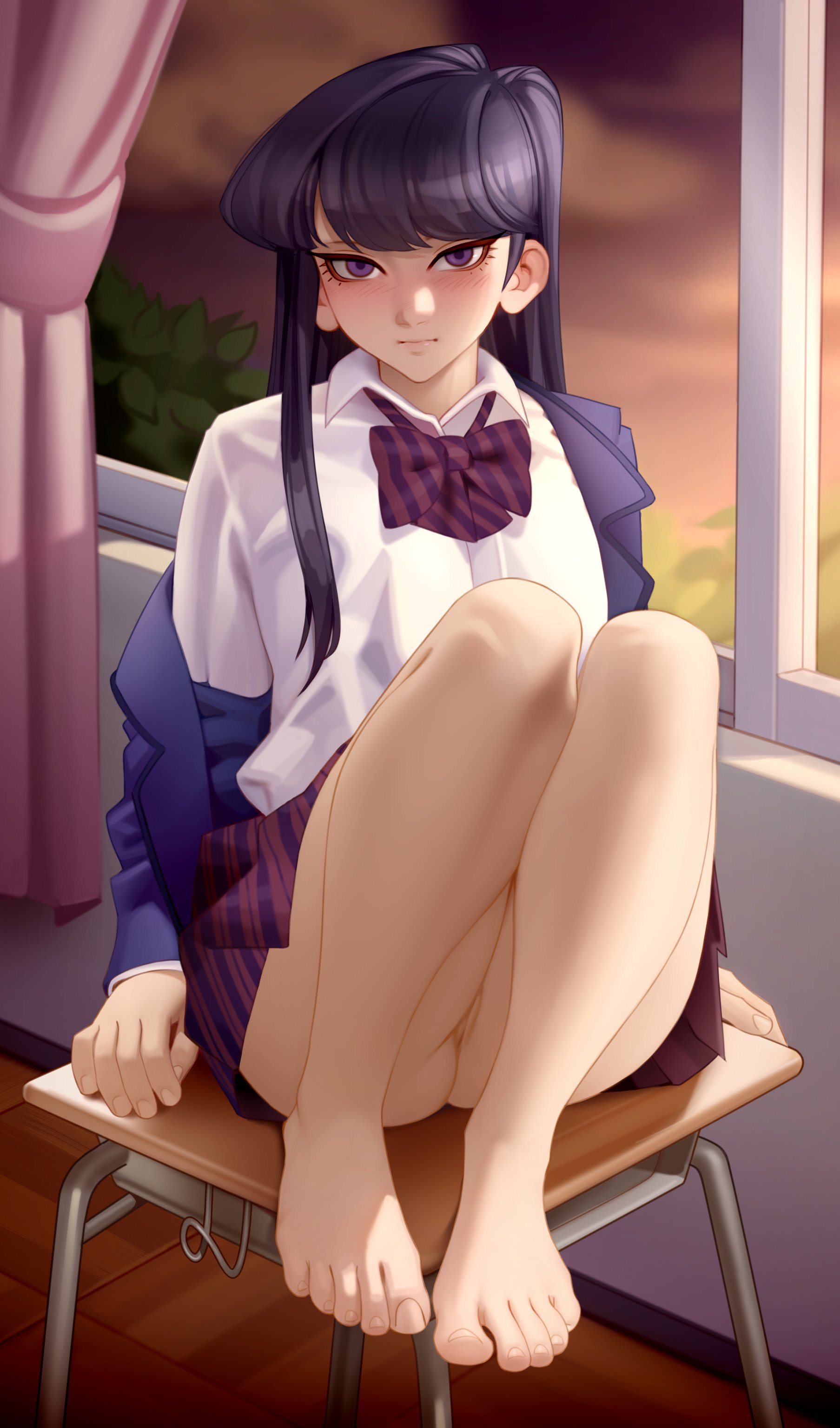 1girls, barefoot, black hair, blush, classroom, detailed background, feet, feet focus, female, female only, kairuhentai, kairunoburogu, komi shouko, komi-san wa komyushou desu, long hair, looking at viewer, no panties, purple eyes, pussy, pussy peek, school uniform, schoolgirl, sitting, sitting on desk, skirt, solo, solo female, very high resolution