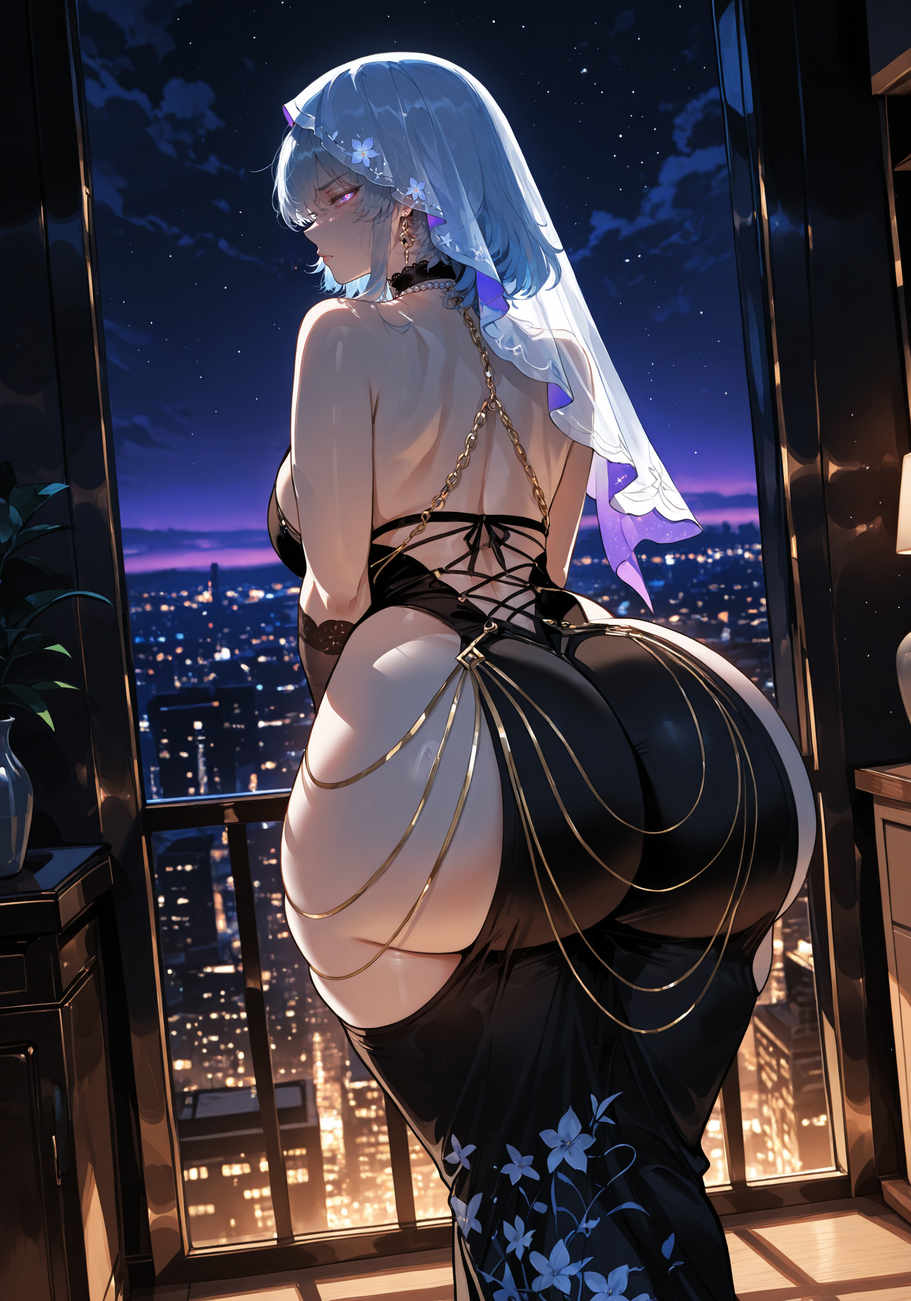 1girl, 1girls, ai assisted, ai generated, ass, ass focus, back, backless dress, bangs, bare shoulders, big ass, big breasts, blush, breasts, cityscape, curvaceous, curvy, curvy female, curvy figure, dress, earrings, female, female only, from behind, half-closed eyes, huge ass, jewelry, large breasts, light-skinned female, looking at viewer, looking back, miyuai, night, night sky, pink eyes, revealing clothes, shorekeeper (wuthering waves), short hair, sky, solo, star (sky), starry sky, thick, thick ass, thick butt, thick hips, thick legs, thick thighs, thighs, veil, voluptuous, voluptuous female, wide hips, wide thighs, wuthering waves