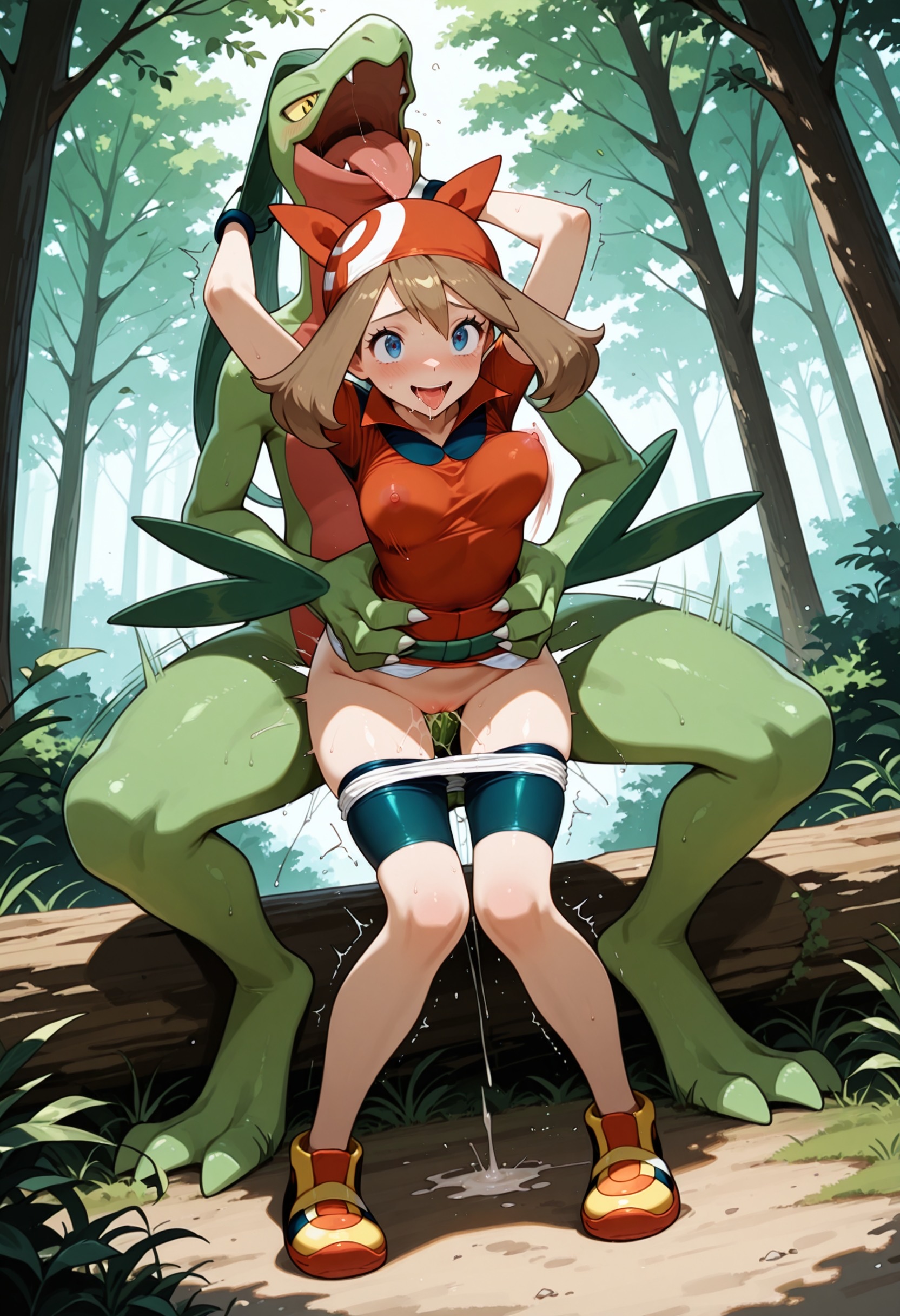 1boy, 1boy1girl, 1girl, 1girl1boy, 1girls, 2026, ai, ai art, ai assisted, ai generated, ai-created, arms up, beastiality, bike shorts, bike shorts pull, bouncing breasts, clothed, clothed sex, clothes pull, covered nipples, duo, female human, female human/male pokemon, female/male, forest, game freak, greymaker, grovyle, hetero, hetero sex, illustrious (stable diffusion), interspecies, interspecies sex, knees together feet apart, male pokemon, male pokemon/female human, male/female, may (pokemon), medium breasts, nature, nintendo, outdoors, pokemon, pokemon (anime), pokemon (creature), pokemon (species), pokemon anime, pokemon character, pokemon protagonist, pokemon trainer, pokephilia, sex, sex from behind, stable diffusion, teenage female, teenage girl, tongue, tongue out, vaginal, vaginal sex