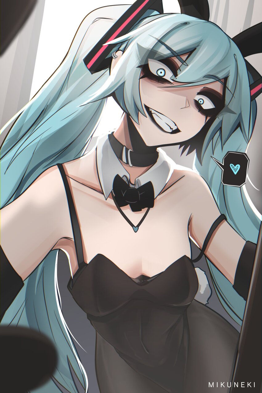1girl, absurdres, animal ears, aqua eyes, aqua hair, armpits, artist name, black bow, black bowtie, black collar, black eyeshadow, black leotard, black pantyhose, bow, bowtie, collar, collarbone, detached collar, earrings, eyeshadow, fake animal ears, hatsune miku, heart, heart necklace, highres, jewelry, leotard, long hair, makeup, mikuneki, necklace, pantyhose, playboy bunny, rabbit ears, solo, spoken heart, strap slip, teeth, twintails, vocaloid, white collar