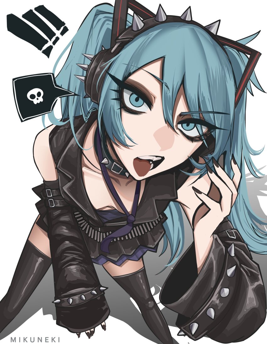 1girl, absurdres, aqua eyes, aqua hair, belt collar, black collar, black nails, black shirt, black skirt, black thighhighs, bracelet, collar, collarbone, commentary, detached sleeves, eyelashes, hagane miku, hatsune miku, headset, highres, jewelry, long hair, looking at viewer, mikuneki, nail polish, open mouth, shirt, simple background, skirt, sleeveless, sleeveless shirt, solo, spiked bracelet, spiked collar, spikes, spoken skull, thighhighs, tongue, tongue out, twintails, vocaloid, white background