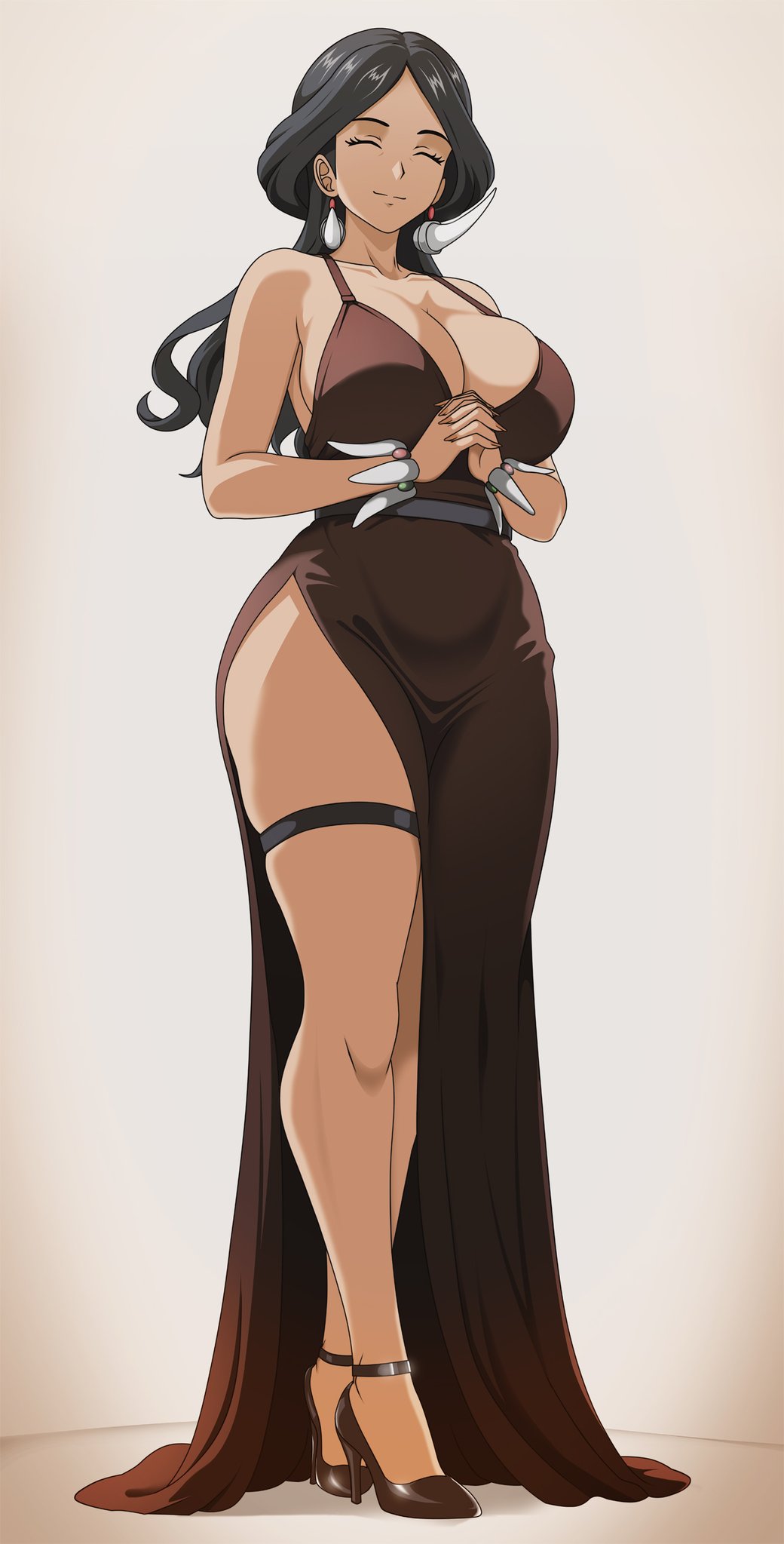 bare shoulders, big breasts, black hair, breasts, brown dress, cleavage, drasna (pokemon), dress, elite four, game freak, gilf, heels, long hair, mature female, pokemon, pokemon xy, solo, solo female, thick thighs, thighs, vivivoovoo