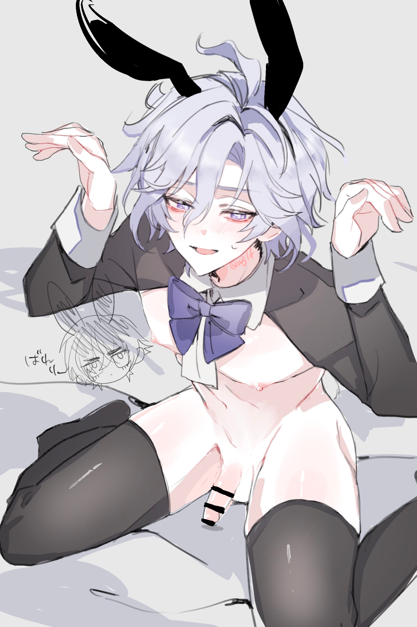 1boy, blush, blushing, bunny boy, bunny costume, bunny ears, bunnysuit, embarrassed, embarrassed nude male, genshin impact, male, male focus, male only, mitya (genshin impact), nervous, reverse bunnysuit, solo, solo focus, solo male, sweat, sweatdrop, thigh highs