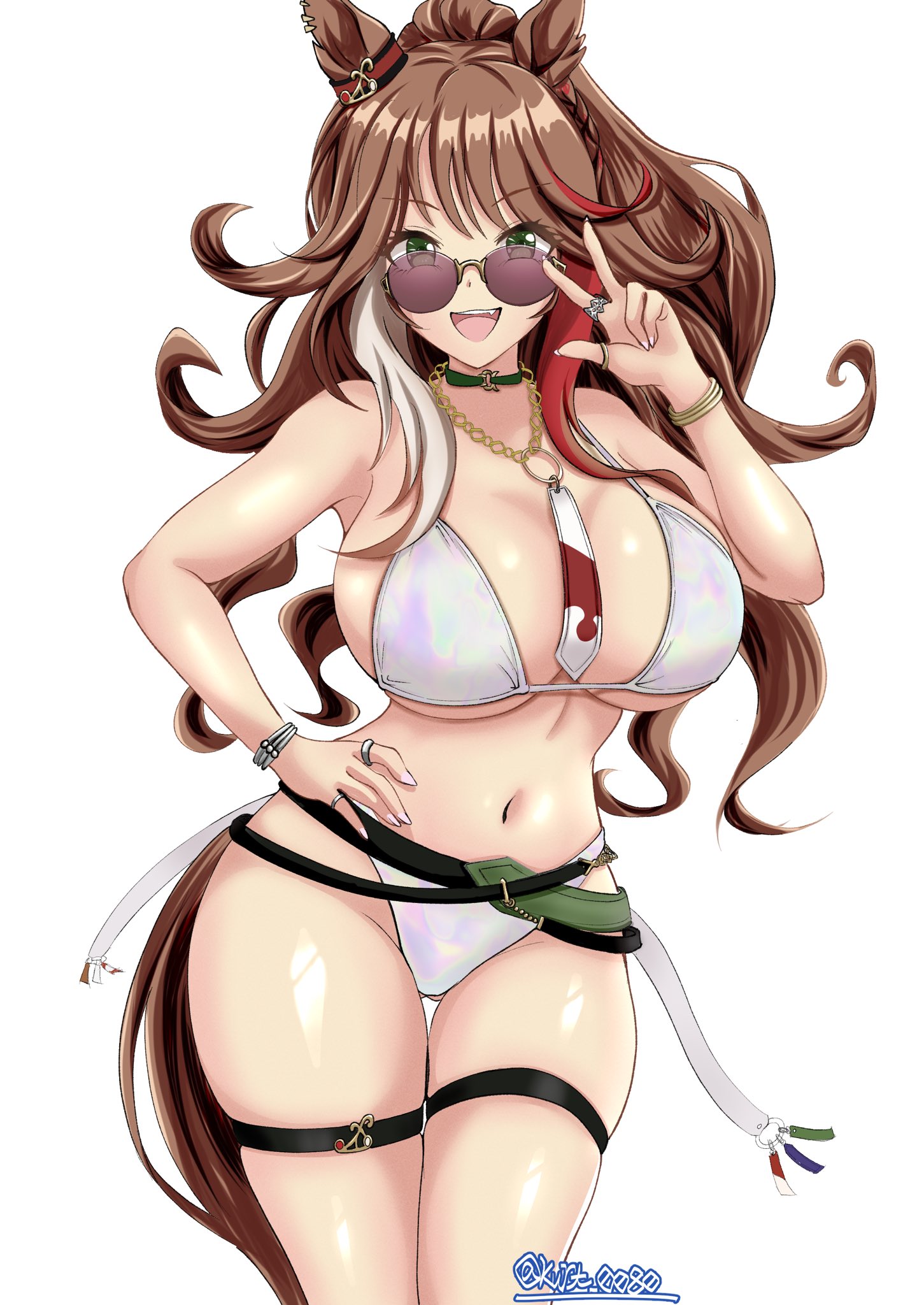 1girl, brown hair, cowboy shot, forever young (umamusume), glasses, green eyes, gyaru, hand on hip, highres, horse ears, horse girl, horse tail, large breasts, long hair, looking at viewer, multicolored hair, open mouth, pillow shading, pokoniki, ponytail, smile, solo, thighs, umamusume, umamusume pretty derby, w, w over eye, white bikini, white hair, wide hips
