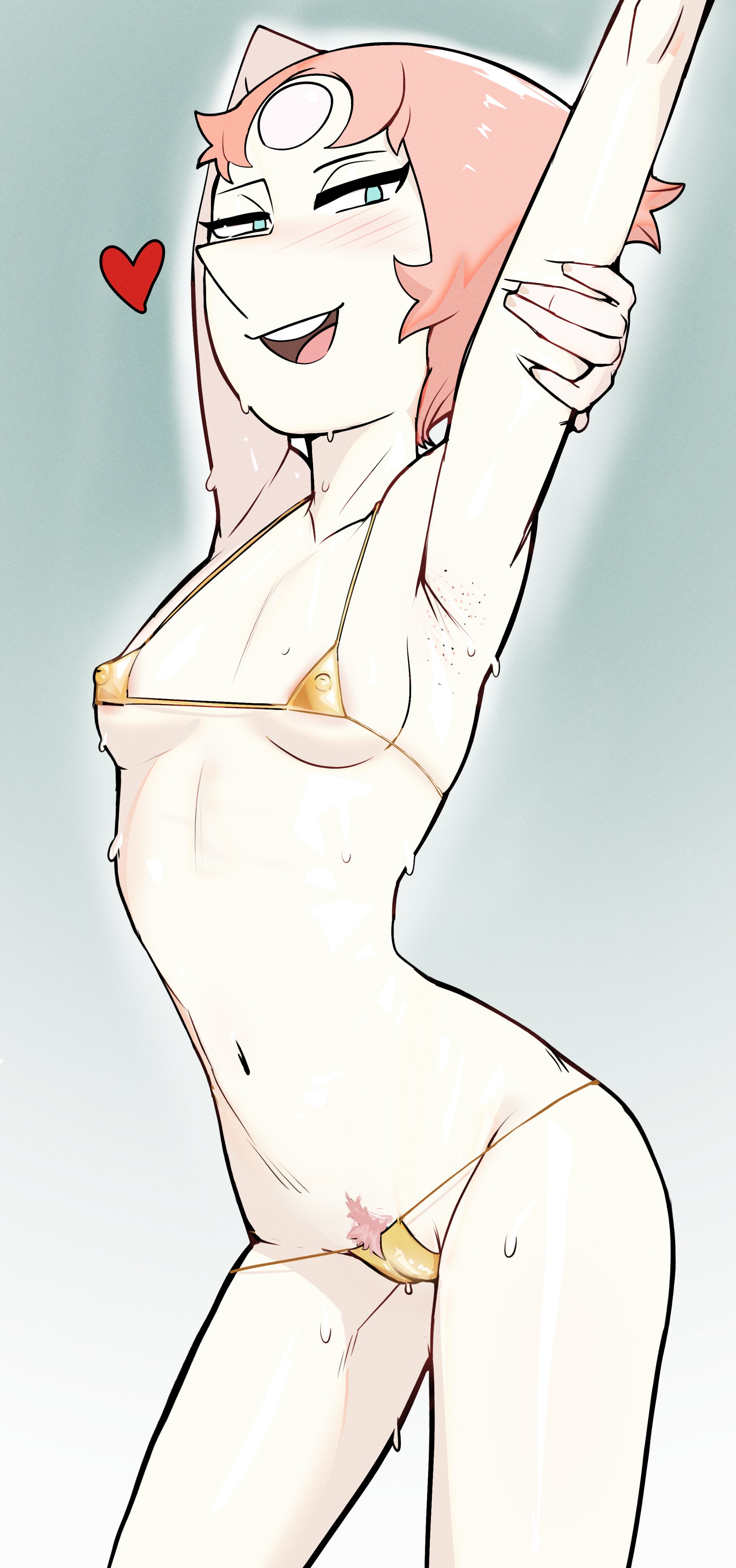 alien humanoid, armpits, arms behind back, arms up, bikini, blue eyes, blushing, breasts, bush, flat chest, gem (species), gem on forehead, gemstone, gold bikini, hater lly, looking at viewer, pearl, pearl (gem), pearl (steven universe), pink hair, shaved armpit, simple background, skimpy bikini, skimpy clothes, slim waist, small ass, small breasts, small bush, steven universe, sweat, sweatdrop, sweating, tagme, thin female