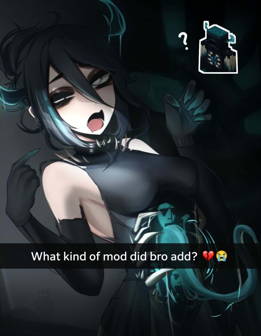 1girl, bare shoulders, black dress, black gloves, black hair, blue streaks, blue tongue, breasts, broken heart, caption, colored tongue, commentary, cowboy shot, crying emoji, double-parted bangs, dress, elbow gloves, emoji, english commentary, english text, extra mouth, extra tongue, gloves, grey eyes, hair between eyes, heart, highres, horns, looking at viewer, medium breasts, medium hair, mikuneki, minecraft, monster girl, multicolored hair, open mouth, personification, pointing, pointing at self, sleeveless, sleeveless dress, solo, stomach mouth, streaked hair, uneven eyes, warden (minecraft)