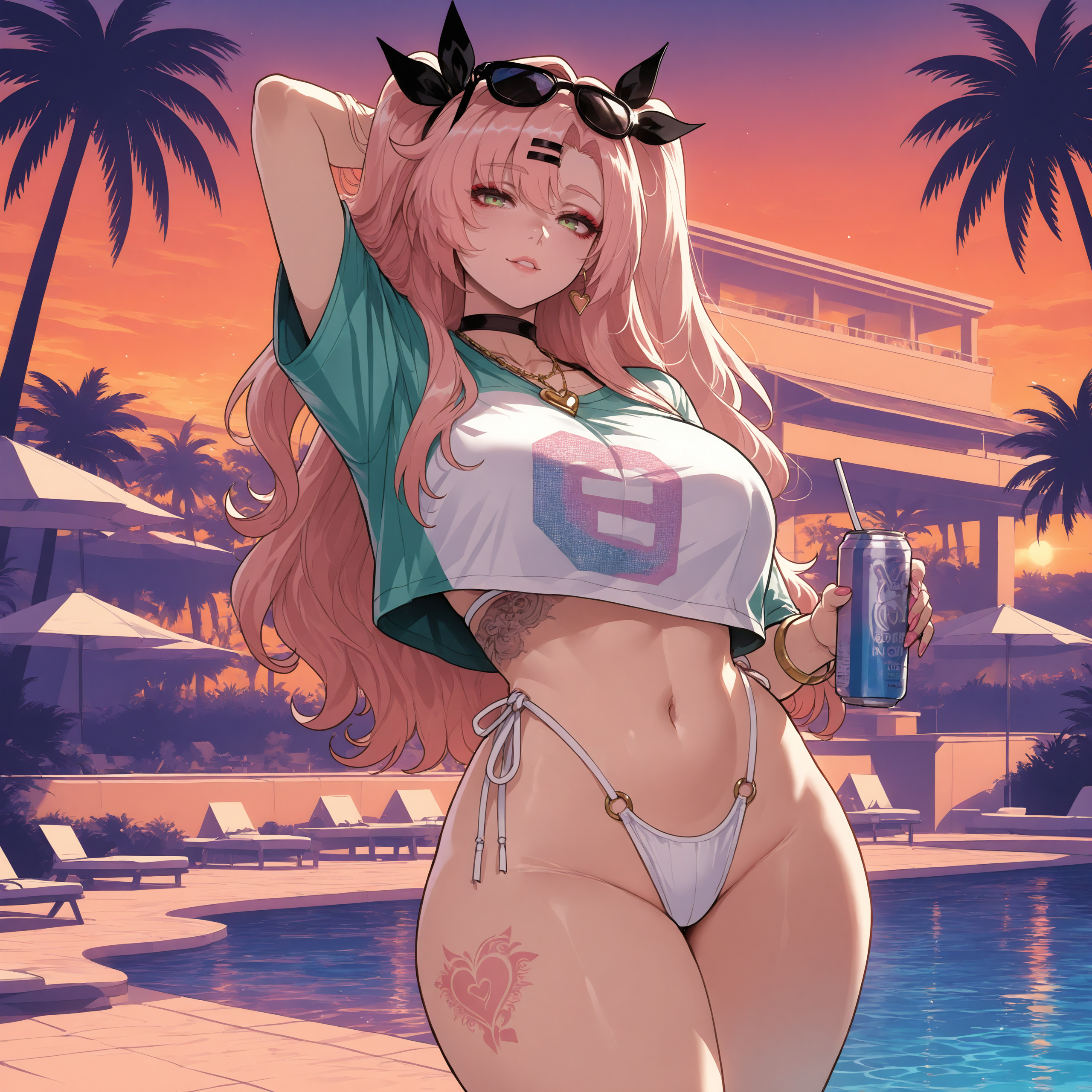 1girl, ai assisted, ai generated, bangs, bikini, bracelet, breasts, can, choker, curvaceous, curvy, curvy female, curvy figure, dusk, evening, eyewear on head, female, gradient sky, hair ornament, hair ribbon, highleg, highleg bikini, holding can, jewelry, large breasts, long hair, looking at viewer, miyuai, mountainous horizon, multicolored, navel, nicole demara, ocean, orange sky, palm tree, parted lips, pink hair, ribbon, shirt, smile, solo, sunglasses, sunset, swimsuit, tattoo, thick, thick ass, thick butt, thick hips, thick legs, thick thighs, thighs, tree, twilight, voluptuous, voluptuous female, water, white bikini, wide hips, wide thighs, zenless zone zero