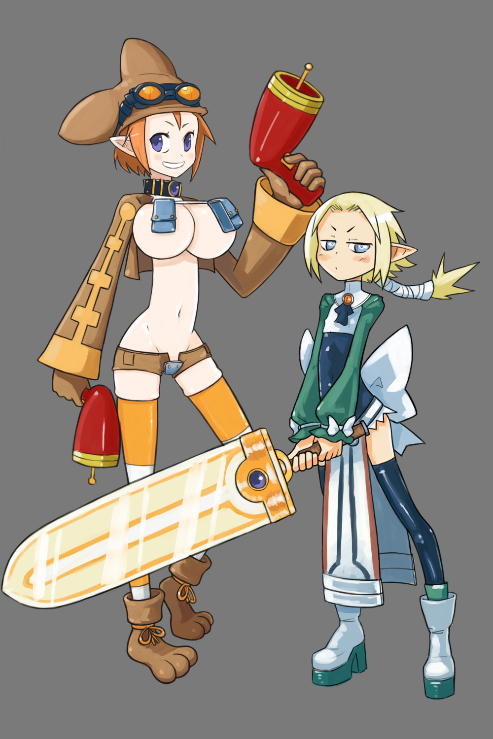 2girls bimbo blonde_hair breasts brown_hair bursting_breasts cosplay disgaea elf_ears huge_breasts large_breasts magic_knight_(disgaea) outfit_swap pointy_ears revealing_clothes revealing_clothing shorts tagme thief_(disgaea)