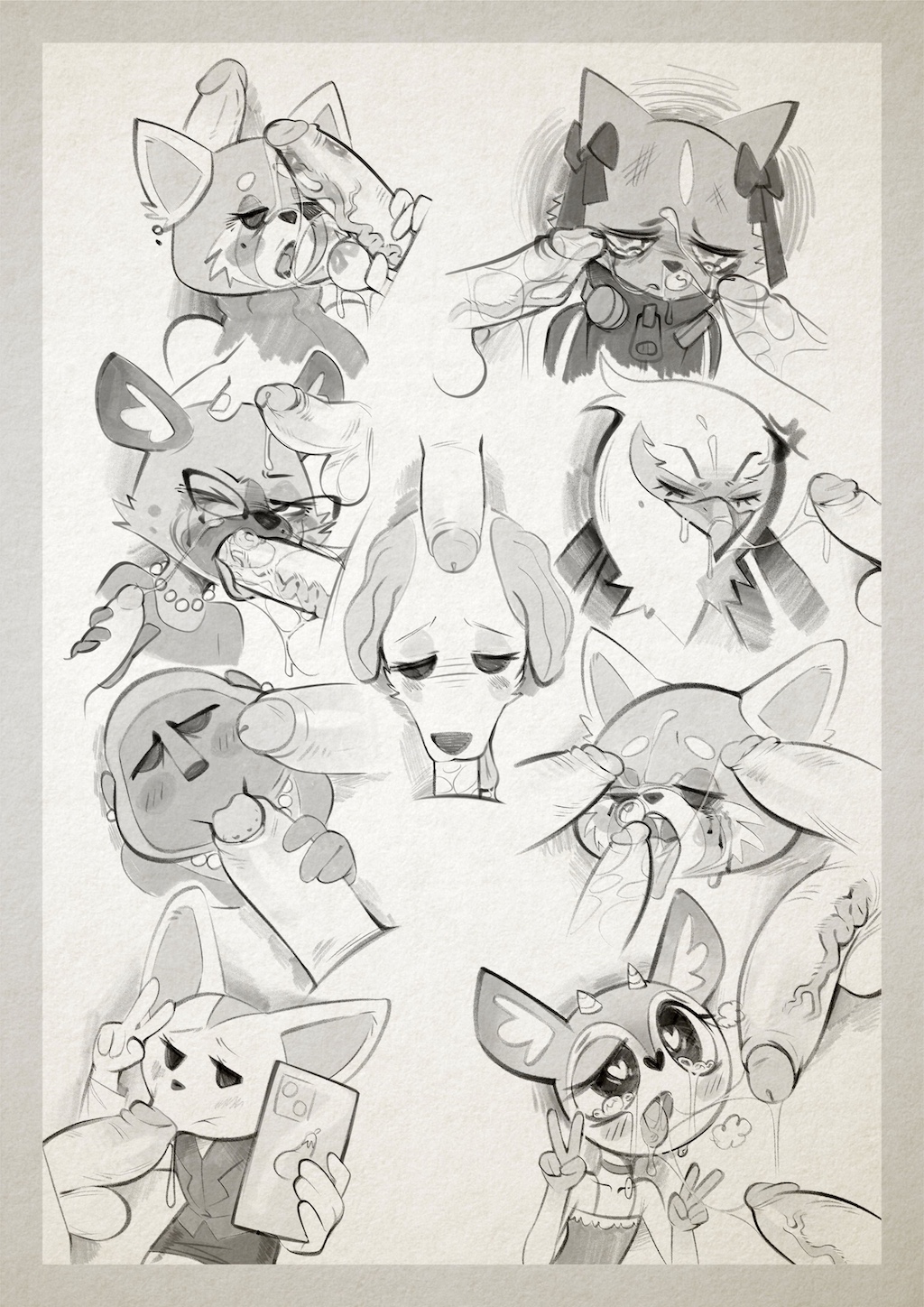 <3_eyes 2023 accipitriform aggressive_retsuko ailurid annoyed anthro ape avian bird border canid canine canis closed_eyes deer director_gori domestic_dog eyewear fellatio female fennec fenneko fox genitals glasses gorilla grey_border greyscale group haida's_mother haplorhine heart hi_res humanoid_genitalia humanoid_penis hyena inui_(aggressive_retsuko) male male/female mammal mature_female mephitid mob_face monochrome oral penile penis phone primate red_panda retsuko retsuko's_mother running_mascara sanrio secretary_bird secretary_washimi selfie sex shikabane shikabane_(aggressive_retsuko) shikabane_(aggretsuko) skunk smooth_fur tsunoda vein veiny_penis xu53r