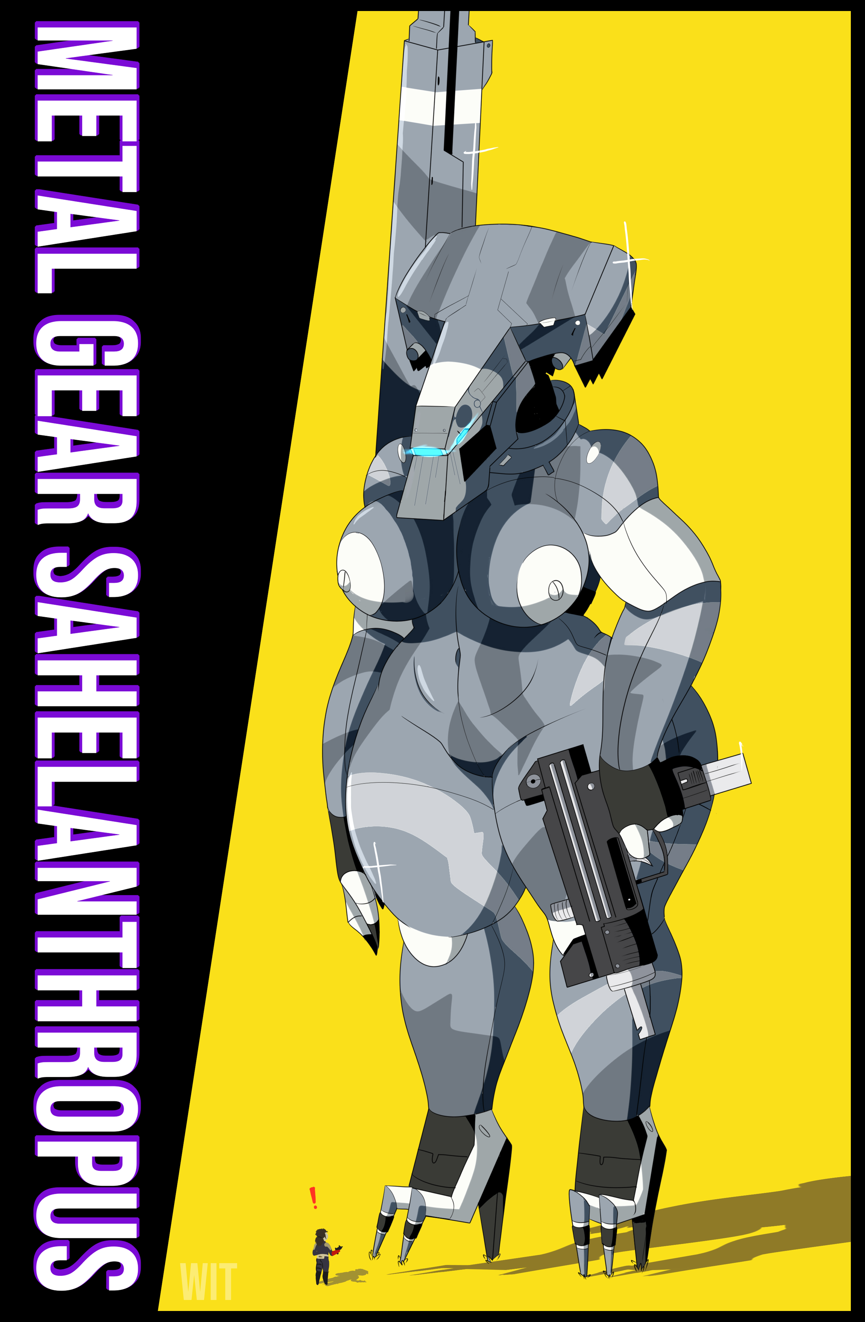 !, 1girls, 2019, absurd res, big breasts, breasts, curvy, female, female focus, female only, grey body, gun, hi res, highres, hourglass figure, konami, living machine, mecha, mecha focus, mecha girl, metal gear, metal gear solid, metal gear solid v, metallic body, navel, nipples, robot, robot girl, sahelanthropus, shiny, simple background, size difference, thick thighs, voluptuous, weapon, wide hips, witdrawsloods, yellow background