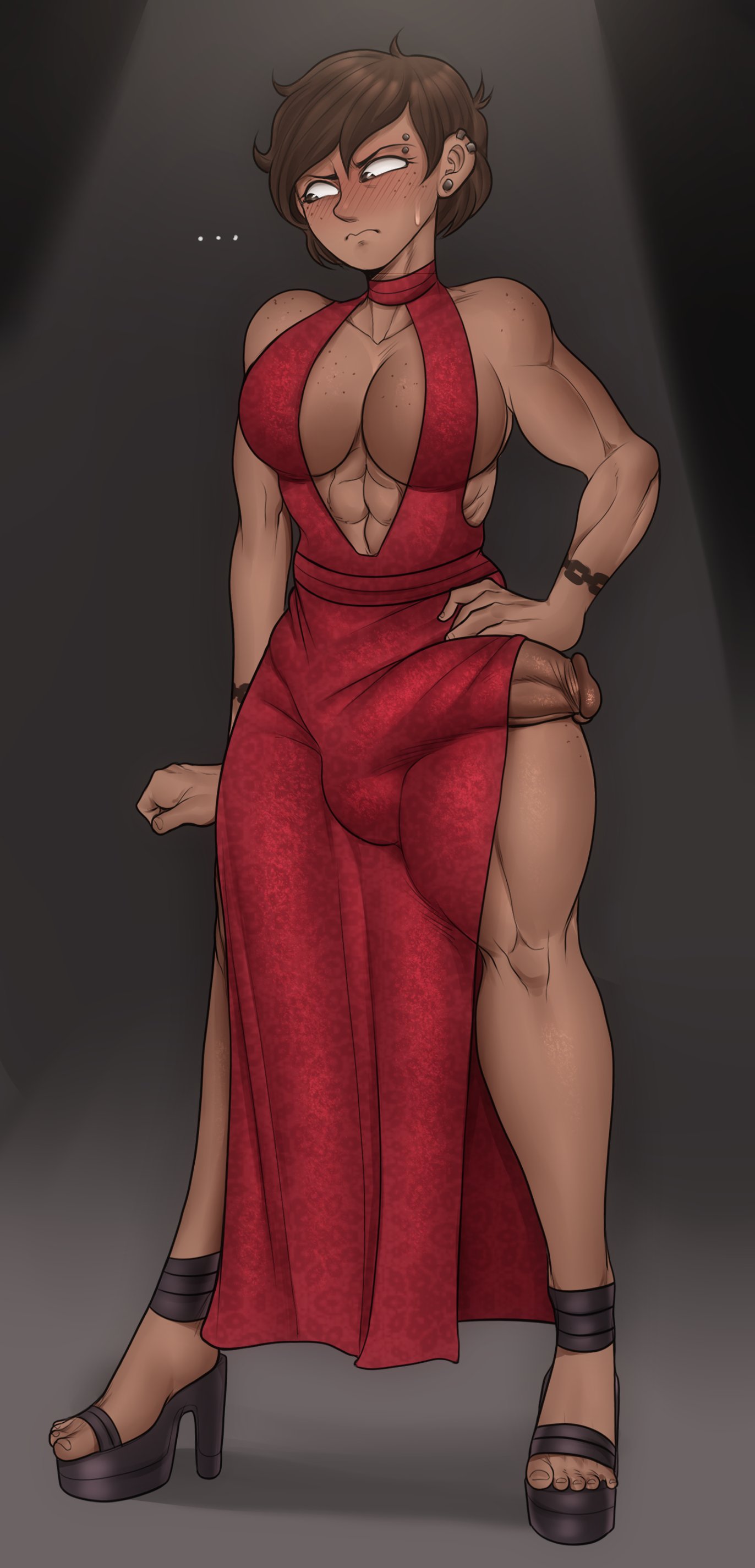 1futa, alex (detnox), balls, big breasts, big penis, breasts, brown hair, bulge, bulge to side, clothed, clothing, dark skin, dark-skinned futa, detnox, dickgirl, dress, embarrassed, erection, erection under clothes, female, freckles, futanari, huge breasts, huge cock, huge penis, intersex, muscular, muscular futa, original, original character, penis, short hair, solo, solo futa, standing, testicles, tomboy, uncensored