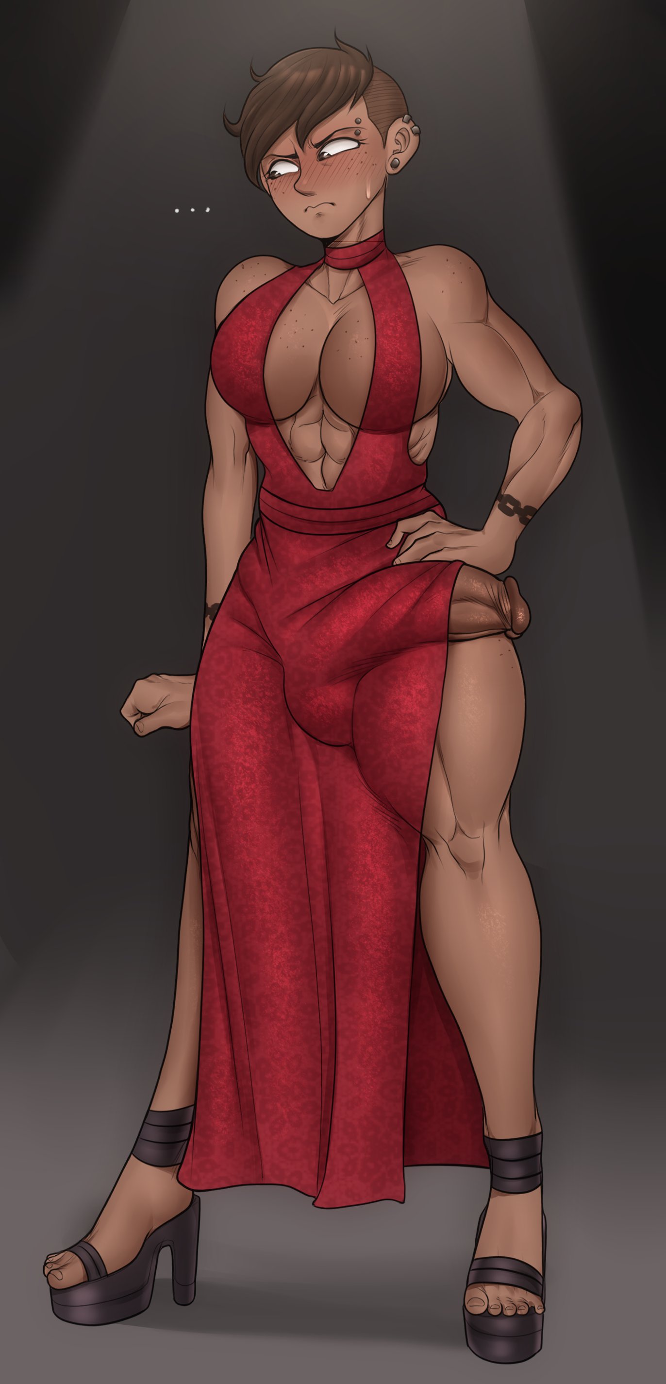 1futa, alex (detnox), balls, big breasts, breasts, brown hair, clothed, clothing, dark skin, dark-skinned futa, detnox, dickgirl, dress, embarrassed, erection, erection under clothes, female, freckles, futanari, huge cock, human, intersex, mostly clothed, muscular, muscular futa, penis, short hair, solo, solo futa, standing, tomboy, undercut