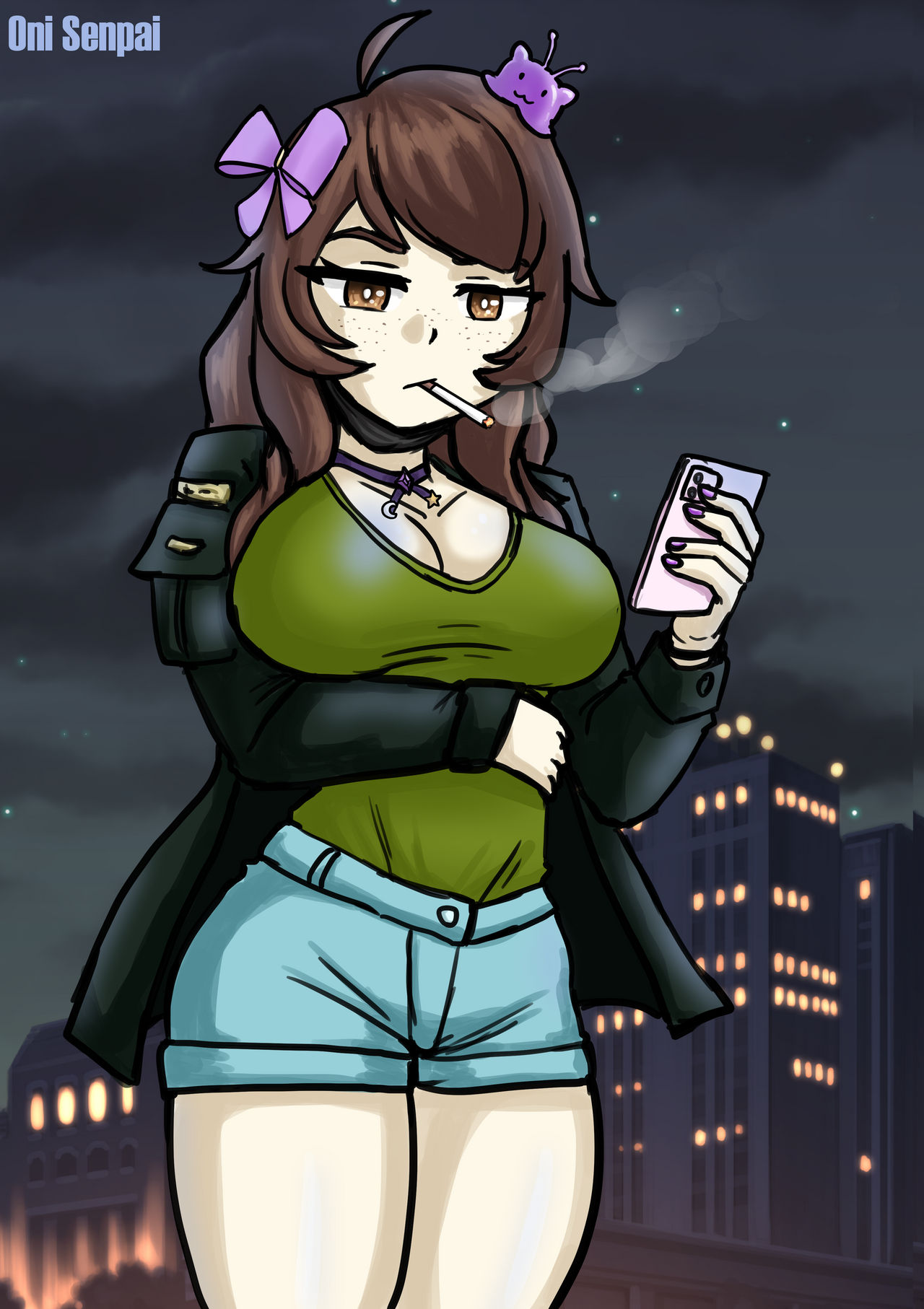 argentina, ass, big breasts, black eyes, black hair, breasts, brown hair, embarrassed, face mask, female, green shirt, jacket, looking at viewer, mask, nimu, selfie, shirt, shorts, simple background, spanish text, thick thighs, thighs, tongue, tongue out, twitch, twitter, virtual youtuber, white body, white skin, youtube, youtube hispanic, youtuber, youtuber girl