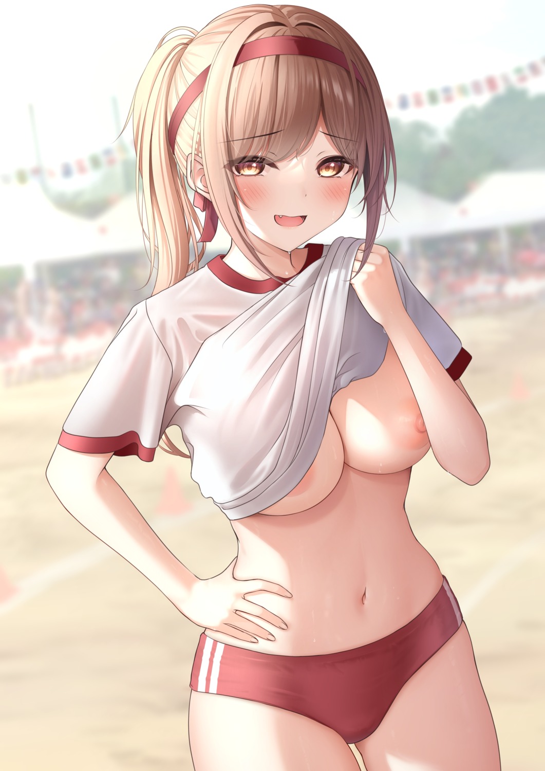 1girls, amber eyes, areola, areolae, bangs, blurry, blurry background, blush, breasts, brown eyes, brown hair, buruma, clothes lift, commentary, cowboy shot, eyebrows visible through hair, female, female only, flashing, gym uniform, hand on hip, highres, imouto-chan (monaka curl), large areolae, long hair, looking at viewer, monaka curl, navel, nipple slip, nipples, no bra, original, outdoors, parted lips, photoshop, ponytail, red buruma, shirt, shirt lift, short sleeves, smile, solo, solo female, sweat, thighs, underwear, white shirt