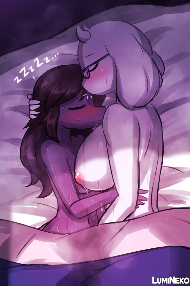 anthro bed bed_sheet bedding big_breasts blush bodily_fluids bovid breasts caprine closed_eyes completely_nude cuddling deltarune duo embrace eyewear female female/female furniture glasses goat huge_breasts lumineko mammal nude on_bed reptile scalie sleeping sound_effects susie_(deltarune) sweat toriel undertale undertale_(series) video_games yuri zzz