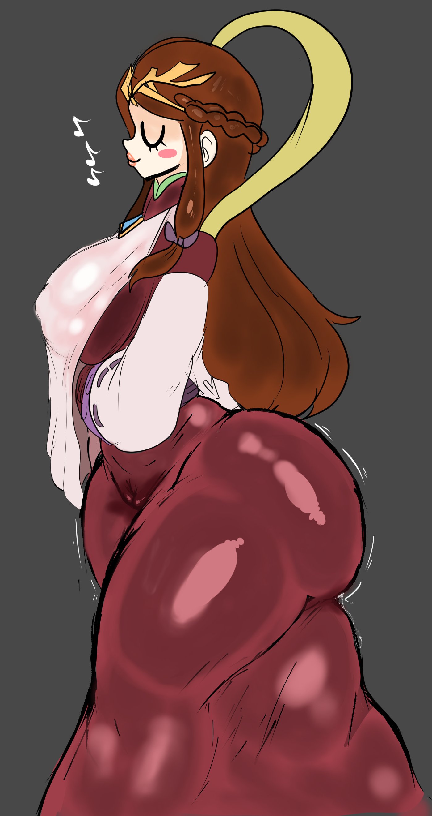 1girls, ass, big ass, big breasts, breasts, brown hair, bubble ass, bubble butt, closed eyes, clothing, dress, fat ass, female, female only, haze (xenoblade), huge ass, lemonadepikachu, long hair, nipple bulge, nipples, pussy, side view, sideboob, smile, solo, thick thighs, walking, wet, wet clothes, wet pussy, wide hips, xenoblade (series), xenoblade chronicles 2, xenoblade chronicles 2: torna the golden country