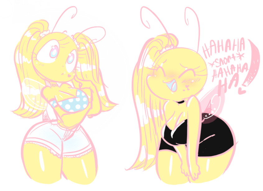 antennae anthro bee black_dress blue_top booty_shorts hourglass_figure insect_girl insect_wings leaning_forward ohthesunnyside ponytail stinger sugar_(ohthesunnyside) text thighs twintails white_background yellow_body