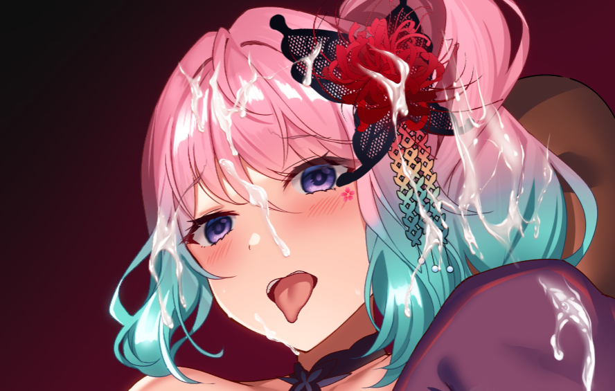 big_breasts blue_hair cum cum_on_face cute facial indie_virtual_youtuber looking_at_viewer pink_hair purple_eyes reiyuguigui semen tongue_out virtual_youtuber vtuber