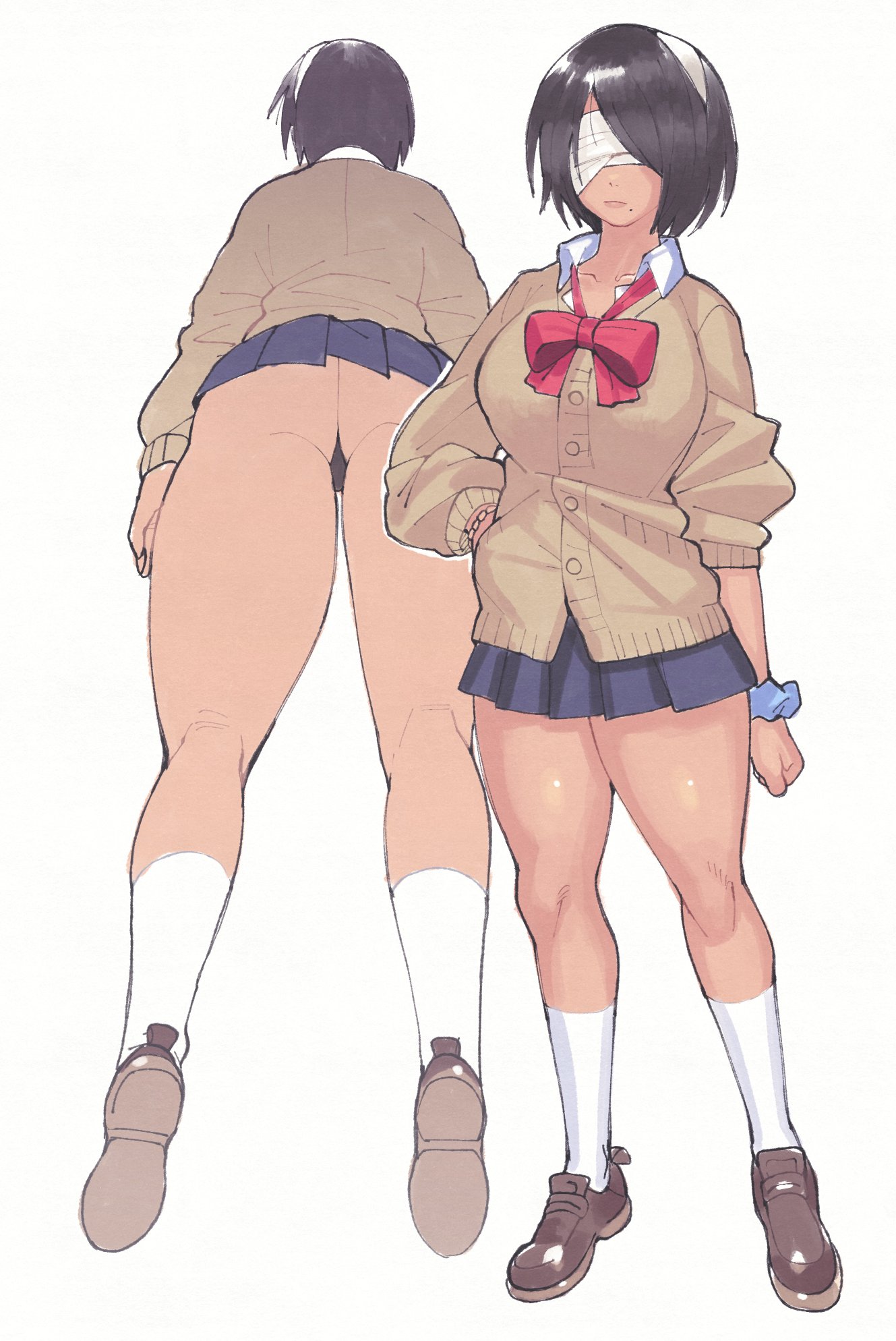 ass, black hair, breasts, bubble ass, bubble butt, dark ass, dark skin, dark-skinned female, female, female focus, female only, full body, hourglass figure, huge breasts, inkerton-kun, inkuusan, miniskirt, nier: automata, pleated skirt, rear view, school uniform, schoolgirl, short black hair, short dark hair, short hair, skirt, solo, standing, thighhighs, upskirt, wide hips, yorha 2p