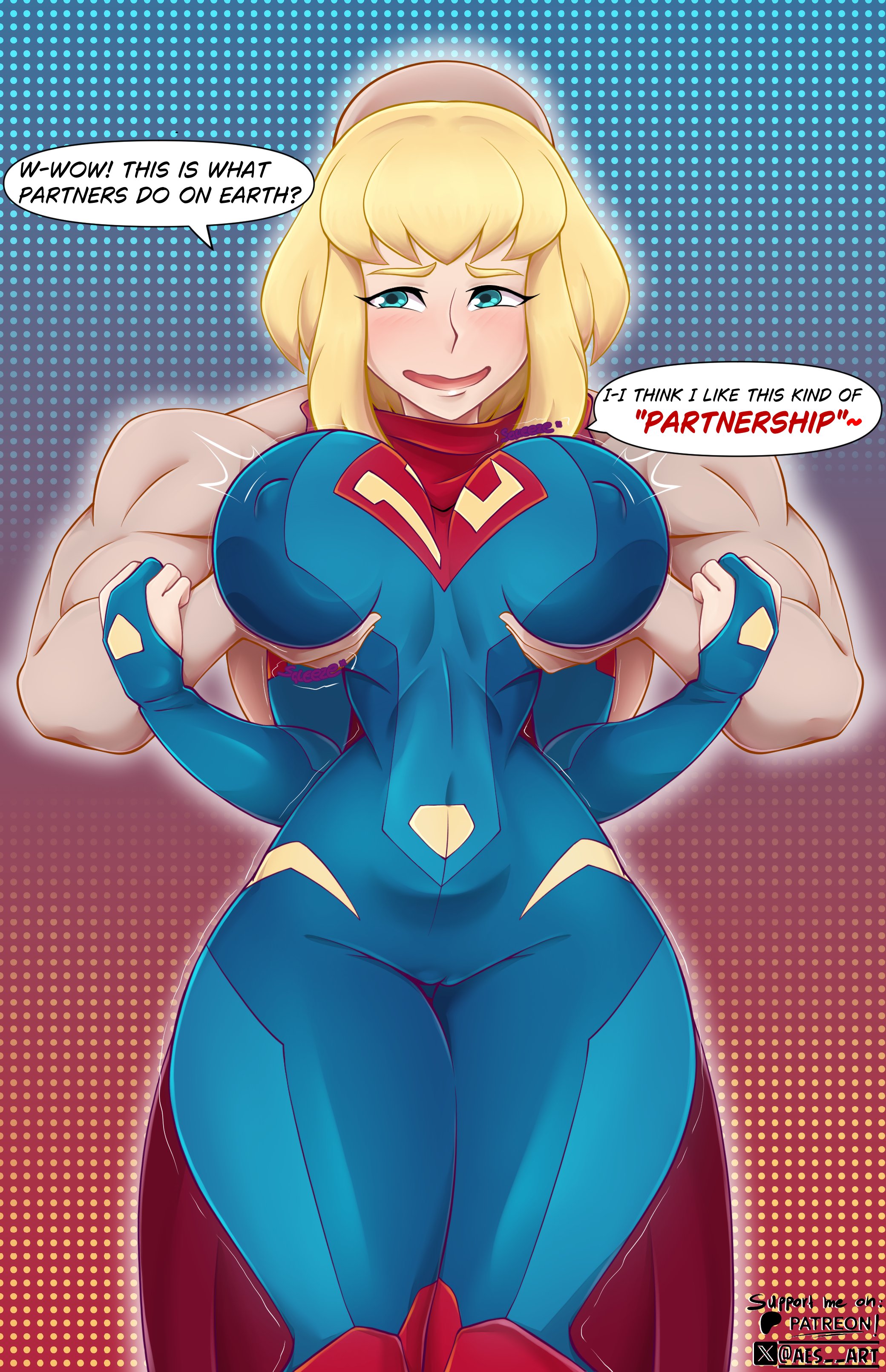 1boy, 1girls, aes art, alien, alien girl, alien humanoid, blonde hair, blue eyes, blush, breast grab, cameltoe, clothed, dc, dc comics, female, kara zor-el, kryptonian, male, my adventures with superman, nipple bulge, nude, nude male, short hair, supergirl, supergirl (my adventures with superman), superhero costume, superheroine, superman (series)