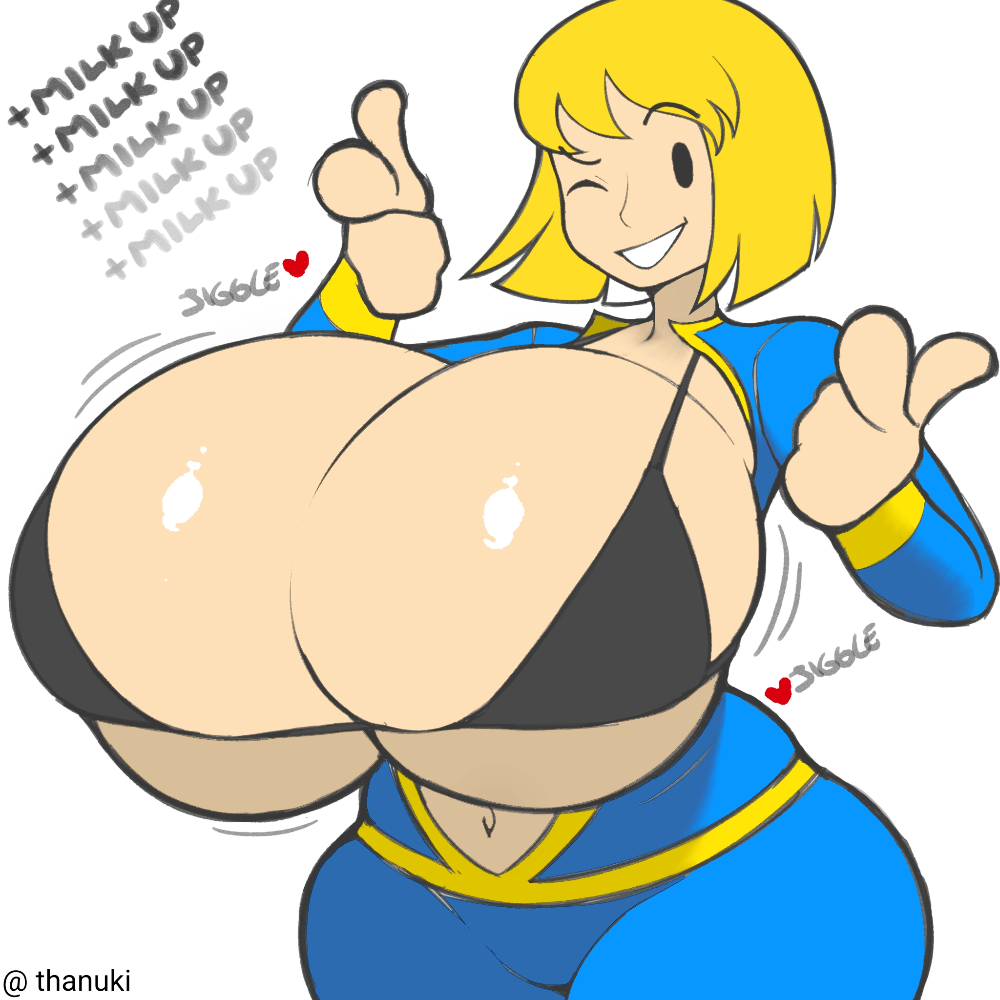 1girls, 2d, 2d (artwork), big breasts, breast expansion, breasts, breasts bigger than head, clothed, clothed female, commission, exposed breasts, fallout, fallout (series), finger gun, fingerguns, huge boobs, huge breasts, hyper, hyper breasts, looking at viewer, mob face, thanuki, vault girl, winking, winking at viewer